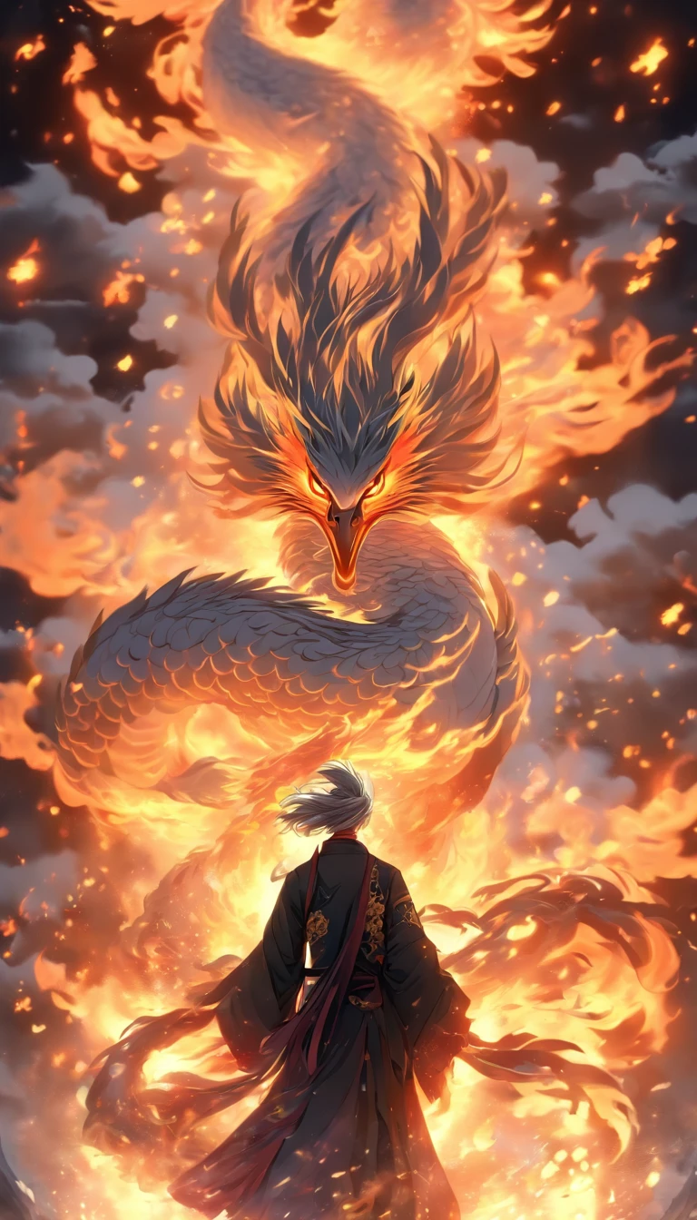 China-style,中景 the scene is,The Taoist priest stood in front of the huge fire-winged phoenix,Stretch your hands,Long messy hair,Glow effects,Hyper-realistic,Ultra photo realsisim,Chinese black and white ink style,Silver,Decolorization,Smudge,ink,8K,super-fine,high qulity,OC renderer