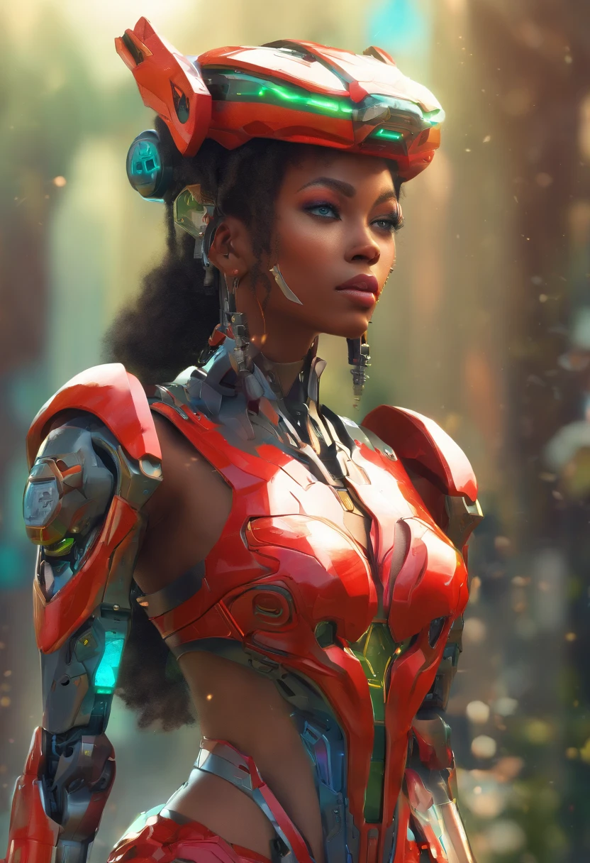 Uma mulher, wearing red mecha costume with green bands and mechanical parts, luzes brilhantes, traje apertada e justa no corpo, cabelo azul com rabo de cavalo, franja na frente dos olhos, olhando fixamente para o espectador, (((pose, interagindo e se apoiando em um objeto))), in an alien dungeon, maquinas, rusty robot, aliens with futuristic weapons, janelas, (it's daytime), ((full body):1.5). 16k, UHD, better quality, better resolution, better detail, estilo futurista of Juavatar, 8k uhd, soft lighting, high quality, film grain, perfect lighting, sunbeams, masterpiece, robotic body parts, detailed face, slightly flattened nose, professional photography, portrait of Juavatar, bathing in a river, curly hair, reeds, (backlit background), realistic, masterpiece, high quality, lens flare, shadow, robot,flower, [[chromatic aberration]], by Jeremy Lipking, by Antonio J. Manzanedo, digital painting ( halo:.7), sexy Juavatar, earrings, jewelry, forehead jewelry, diadem, forehead gem, choker, bracelets, hair ornaments, bracelets, plunging neckline, sfw, dark skin tone, (dark skin tone woman).robot