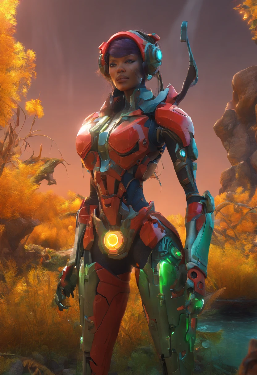 Uma mulher, wearing red mecha costume with green bands and mechanical parts, luzes brilhantes, traje apertada e justa no corpo, cabelo azul com rabo de cavalo, franja na frente dos olhos, olhando fixamente para o espectador, (((pose, interagindo e se apoiando em um objeto))), in an alien dungeon, maquinas, rusty robot, aliens with futuristic weapons, janelas, (it's daytime), ((full body):1.5). 16k, UHD, better quality, better resolution, better detail, estilo futurista of Juavatar, 8k uhd, soft lighting, high quality, film grain, perfect lighting, sunbeams, masterpiece, robotic body parts, detailed face, slightly flattened nose, professional photography, portrait of Juavatar, bathing in a river, curly hair, reeds, (backlit background), realistic, masterpiece, high quality, lens flare, shadow, robot,flower, [[chromatic aberration]], by Jeremy Lipking, by Antonio J. Manzanedo, digital painting ( halo:.7), sexy Juavatar, earrings, jewelry, forehead jewelry, diadem, forehead gem, choker, bracelets, hair ornaments, bracelets, plunging neckline, sfw, dark skin tone, (dark skin tone woman).robot