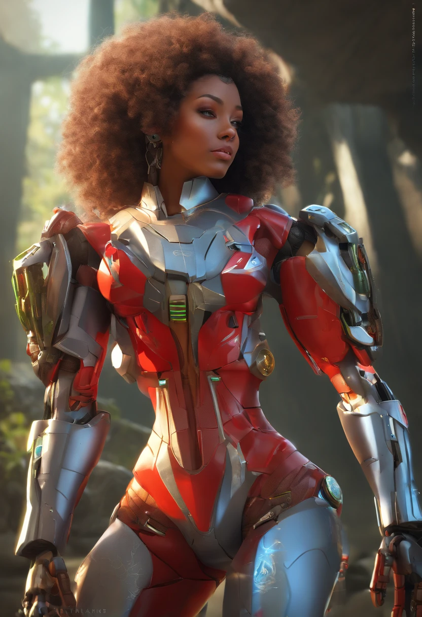 Uma mulher, wearing red mecha costume with green bands and mechanical parts, luzes brilhantes, traje apertada e justa no corpo, cabelo azul com rabo de cavalo, franja na frente dos olhos, olhando fixamente para o espectador, (((pose, interagindo e se apoiando em um objeto))), in an alien dungeon, maquinas, rusty robot, aliens with futuristic weapons, janelas, (it's daytime), ((full body):1.5). 16k, UHD, better quality, better resolution, better detail, estilo futurista of Juavatar, 8k uhd, soft lighting, high quality, film grain, perfect lighting, sunbeams, masterpiece, robotic body parts, detailed face, slightly flattened nose, professional photography, portrait of Juavatar, bathing in a river, curly hair, reeds, (backlit background), realistic, masterpiece, high quality, lens flare, shadow, robot,flower, [[chromatic aberration]], by Jeremy Lipking, by Antonio J. Manzanedo, digital painting ( halo:.7), sexy Juavatar, earrings, jewelry, forehead jewelry, diadem, forehead gem, choker, bracelets, hair ornaments, bracelets, plunging neckline, sfw, dark skin tone, (dark skin tone woman).robot