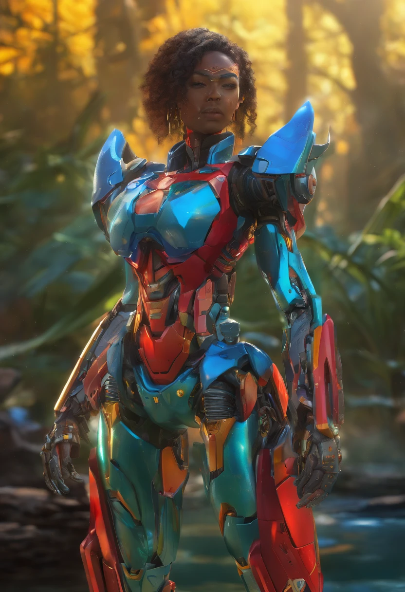 Uma mulher, wearing red mecha costume with green bands and mechanical parts, luzes brilhantes, traje apertada e justa no corpo, cabelo azul com rabo de cavalo, franja na frente dos olhos, olhando fixamente para o espectador, (((pose, interagindo e se apoiando em um objeto))), in an alien dungeon, maquinas, rusty robot, aliens with futuristic weapons, janelas, (it's daytime), ((full body):1.5). 16k, UHD, better quality, better resolution, better detail, estilo futurista of Juavatar, 8k uhd, soft lighting, high quality, film grain, perfect lighting, sunbeams, masterpiece, robotic body parts, detailed face, slightly flattened nose, professional photography, portrait of Juavatar, bathing in a river, curly hair, reeds, (backlit background), realistic, masterpiece, high quality, lens flare, shadow, robot,flower, [[chromatic aberration]], by Jeremy Lipking, by Antonio J. Manzanedo, digital painting ( halo:.7), sexy Juavatar, earrings, jewelry, forehead jewelry, diadem, forehead gem, choker, bracelets, hair ornaments, bracelets, plunging neckline, sfw, dark skin tone, (dark skin tone woman).robot