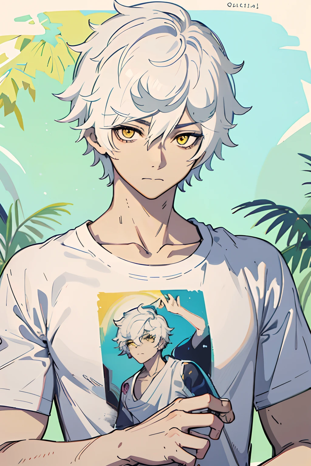 masterpiece, best quality, high quality, 1boy, solo, male focus, looking at viewer, upper body, closed mouth, (tshirt), gabimaru, white hair, yellow eyes,