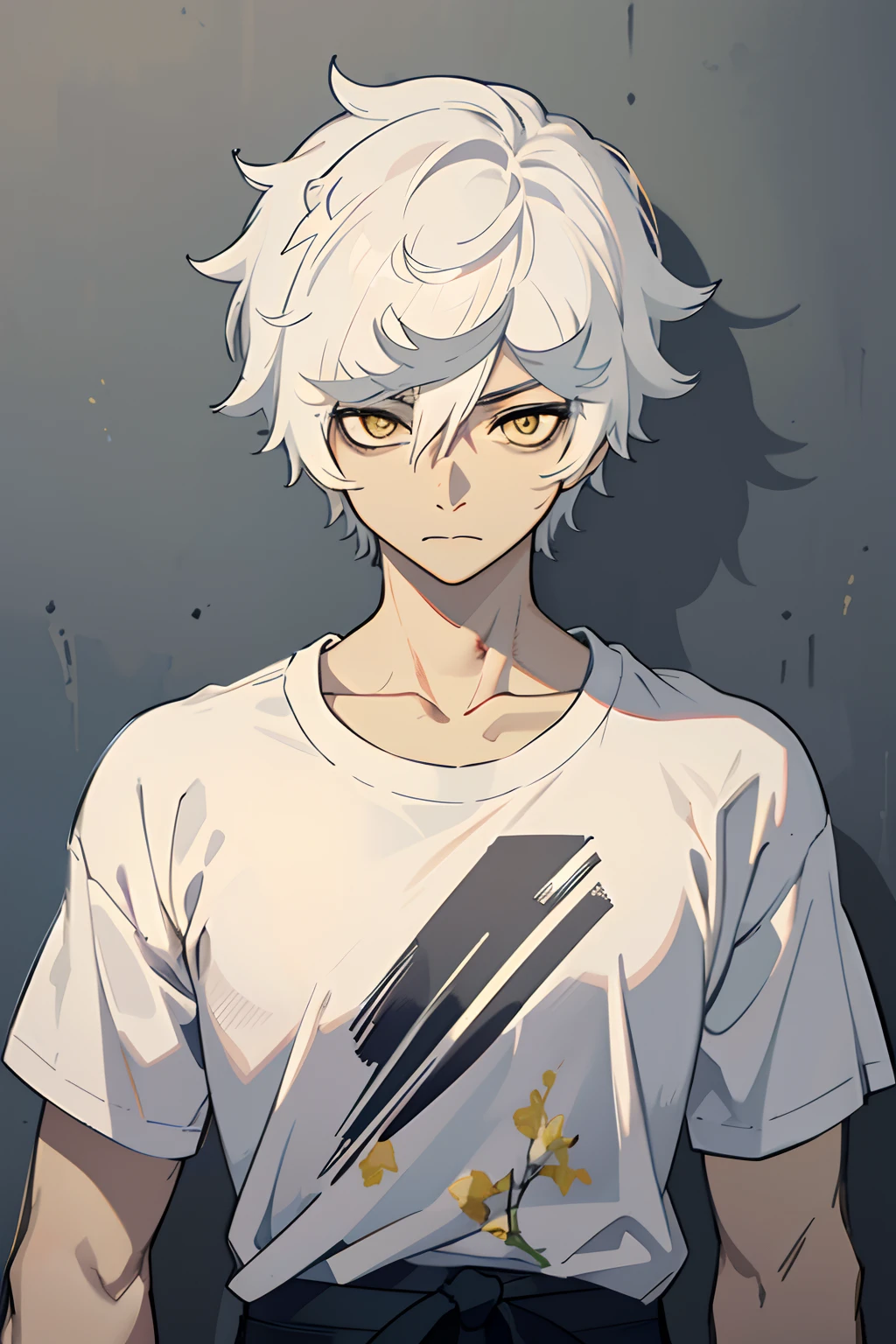 masterpiece, best quality, high quality, 1boy, solo, male focus, looking at viewer, upper body, closed mouth, (tshirt), gabimaru, white hair, yellow eyes,