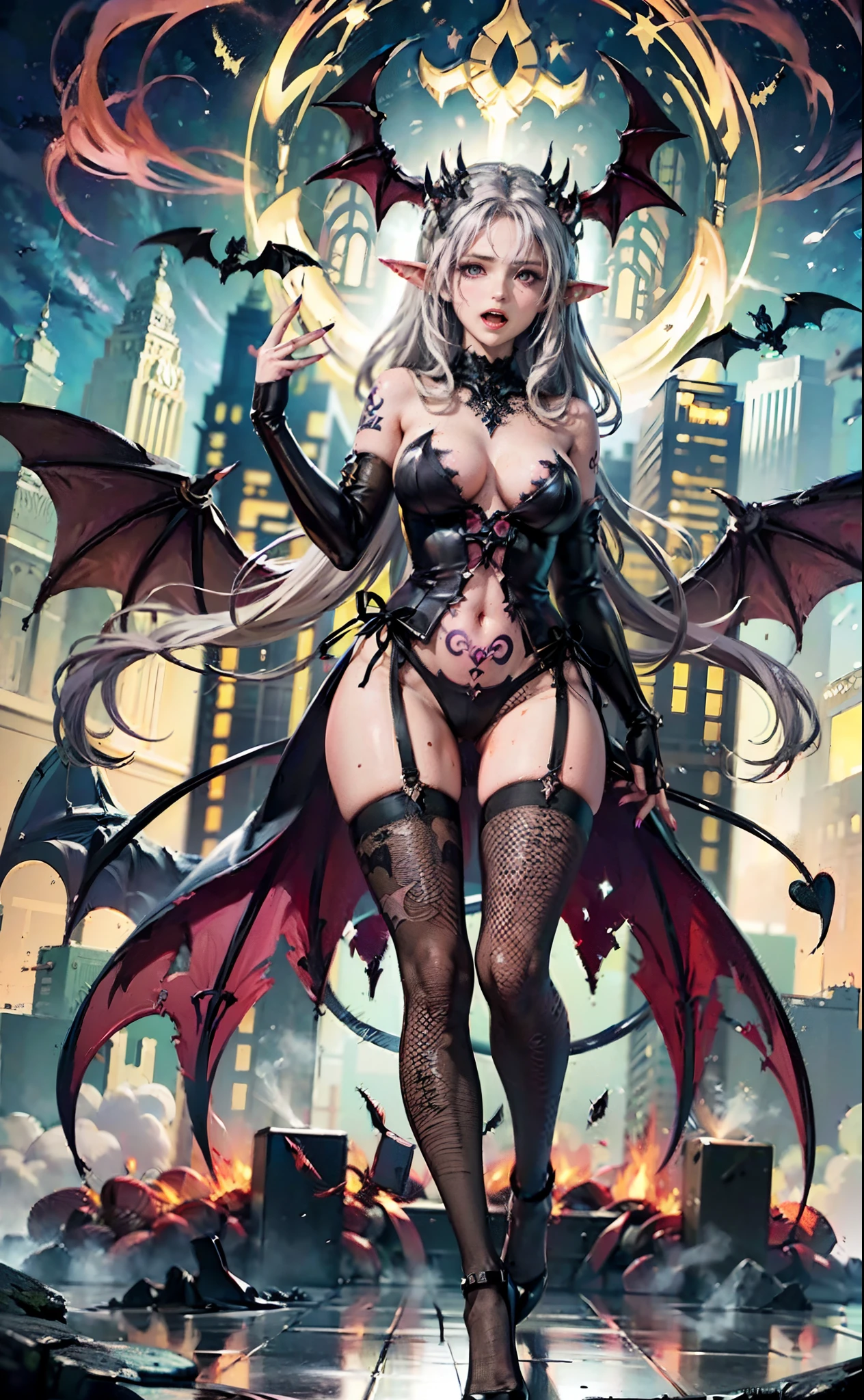 best quality, masterpiece,ultra detailed, official art,(extremely detailed CG unity 8k
wallpaper), (masterpiece), best quality, illustration, (powerful), art oflight, artist style, beautiful detailed star sky,(((bat print black kneehighs ))), (cygames:1.4), (dark flame:1.3), Japanese light novel cover, grand scene, dark bodysuit,((fullbody)),((succubus tail)),
(beautiful detailedgirl), (((solo))),(((full body))),wet skin, (((demon queen))),
metal, complex pattern, beautiful detailed hair,red luminous eyes, longeyelashes,
((constricted pupils)),pointy ears, slit pupils,silver long hair,beautiful collarbone , (purple tattoo), (tattoo on leg), tattoo on arm, luminous gem on chest,(demon heart tail),demon fang, pointy ears,
((purple long fingernails)),(bat decorate soft armor), ((bat decorate high heels)),giant bat wings,(fingerless_gloves), bat print black garter belt, (elbow_gloves),fang out, a group of bats, ((endured_face, open mouth, seductive smile, )),lingerie,
bat decorateanklet,bat decorate body,(presenting foot), (luminous tattoo),(queen),useing magical, (beautiful detalied hands), nfsw, (((pink steam from full body ))), ((2legs)) ,(standing:1.5),