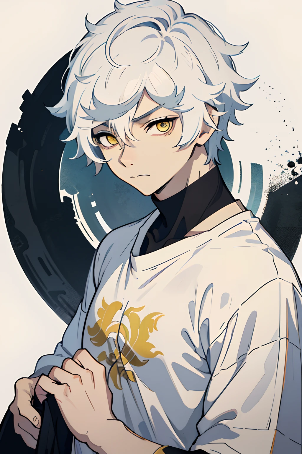 masterpiece, best quality, high quality, 1boy, solo, male focus, looking at viewer, upper body, closed mouth, (tshirt), gabimaru, white hair, yellow eyes,