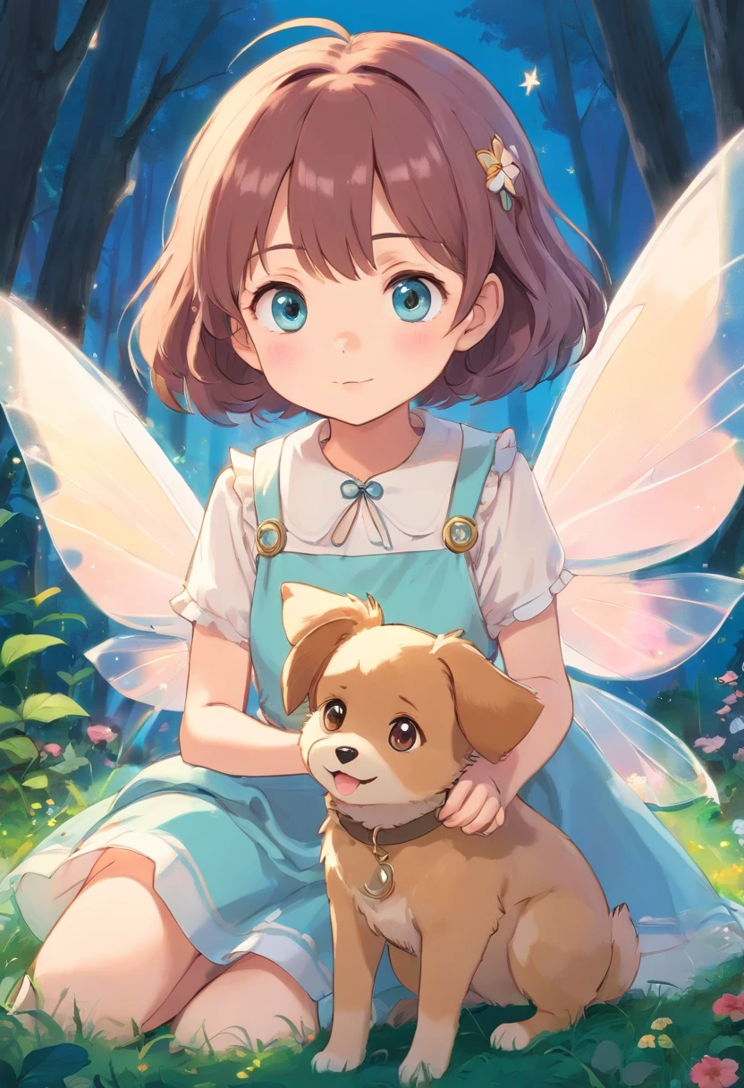 a super cute fairy tale girl with large, sparkling eyes alongside a small, fluffy puppy. Their expressions should be joyful and heartwarming, creating a sense of comfort and joy for anyone who sees it. Please use a soft and pastel color palette to enhance their cuteness and add a touch of innocence to the artwork.