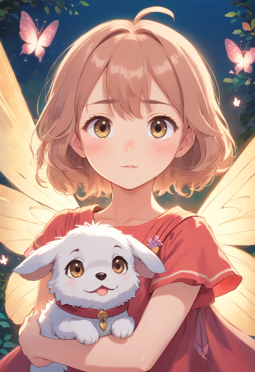 a super cute little fairy tale girl with large, sparkling eyes alongside a small, fluffy puppy. Their expressions should be joyful and heartwarming, creating a sense of comfort and joy for anyone who sees it. Please use a soft and pastel color palette to enhance their cuteness and add a touch of innocence to the artwork.