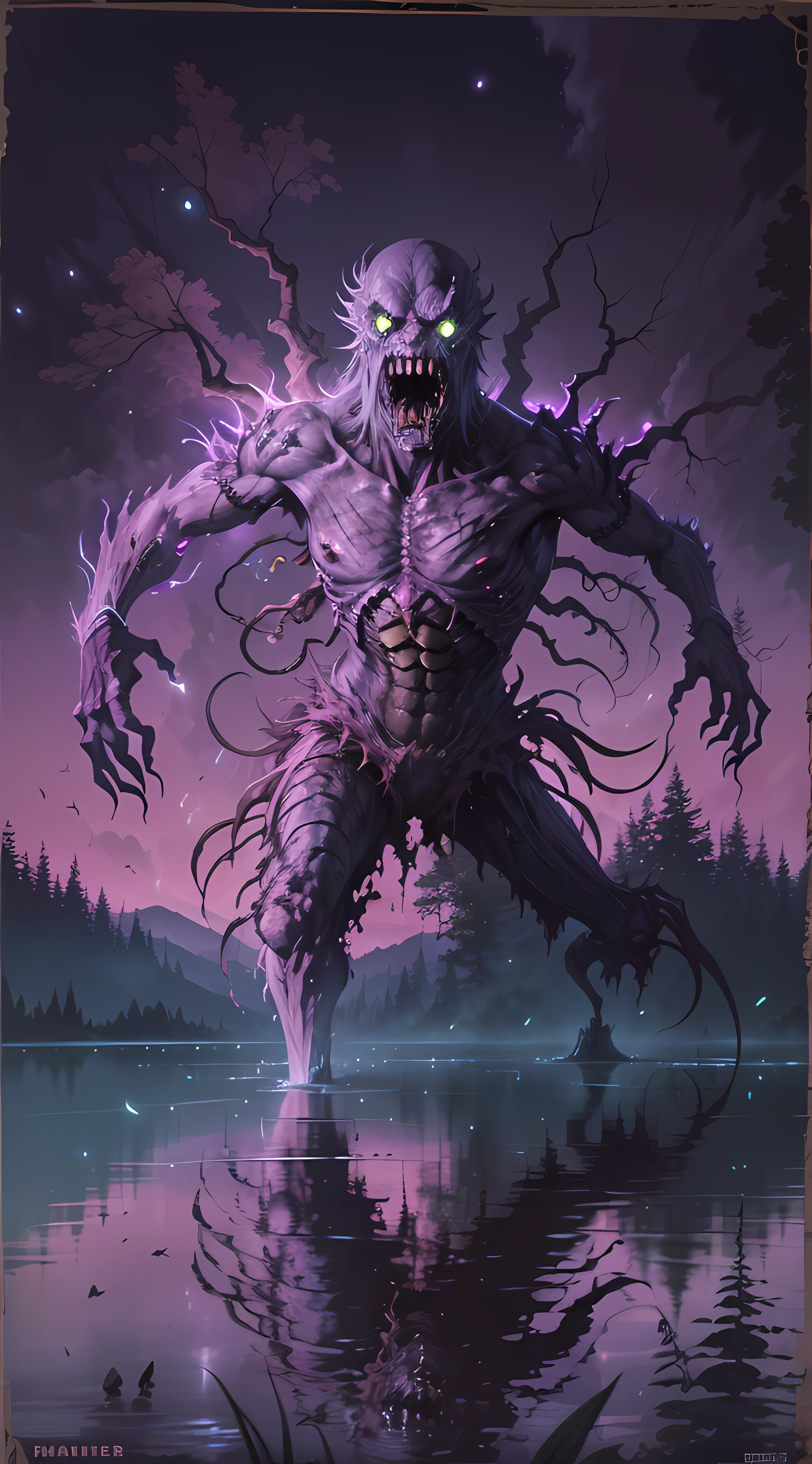 80's horror movie poster featuring a monster in a dynamic pose, focus on joints, edge of forest with lake visable, scary, moonlight, reflections, twinkling fireflies, secret whispers, purple and green colors, fog, cinematic atmosphere