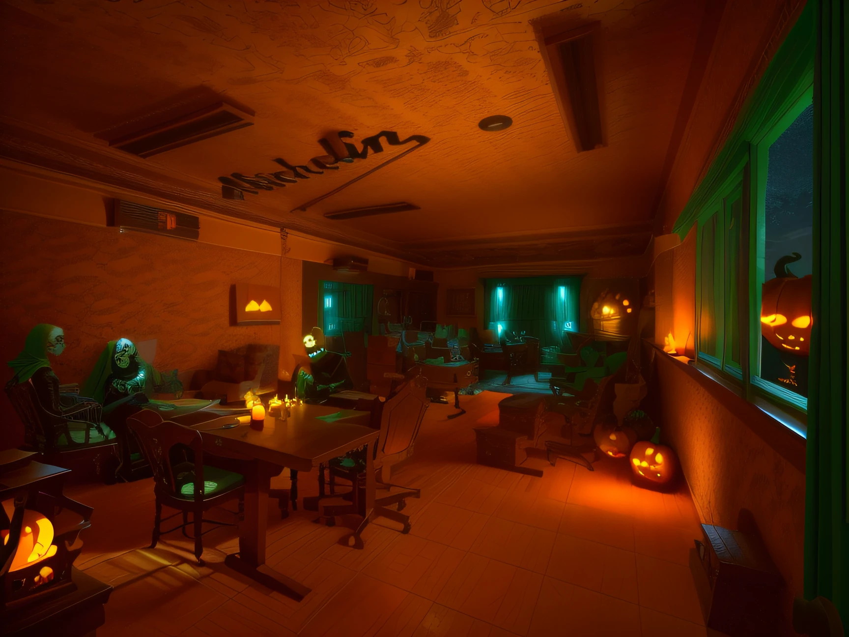 deixe esta imagem com tema de Halloween, with pumpkins, caveiras, bruxas e fantasmas de maneira mais sutil, keeping the furniture and windows in the same style and position