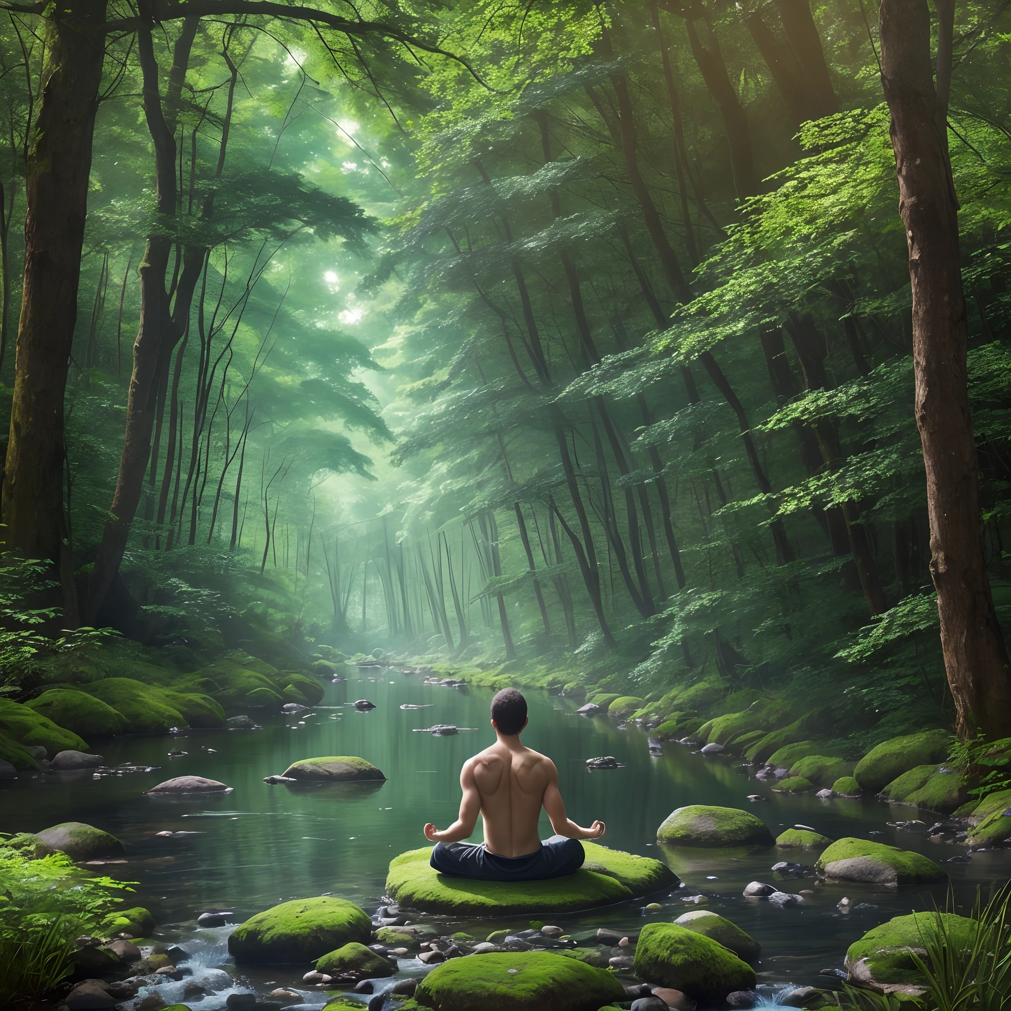 Imagine a scene of a man meditating in a magical, psychedelic forest, with a river passing beside him and a light above him illuminating the forest. --auto --s2