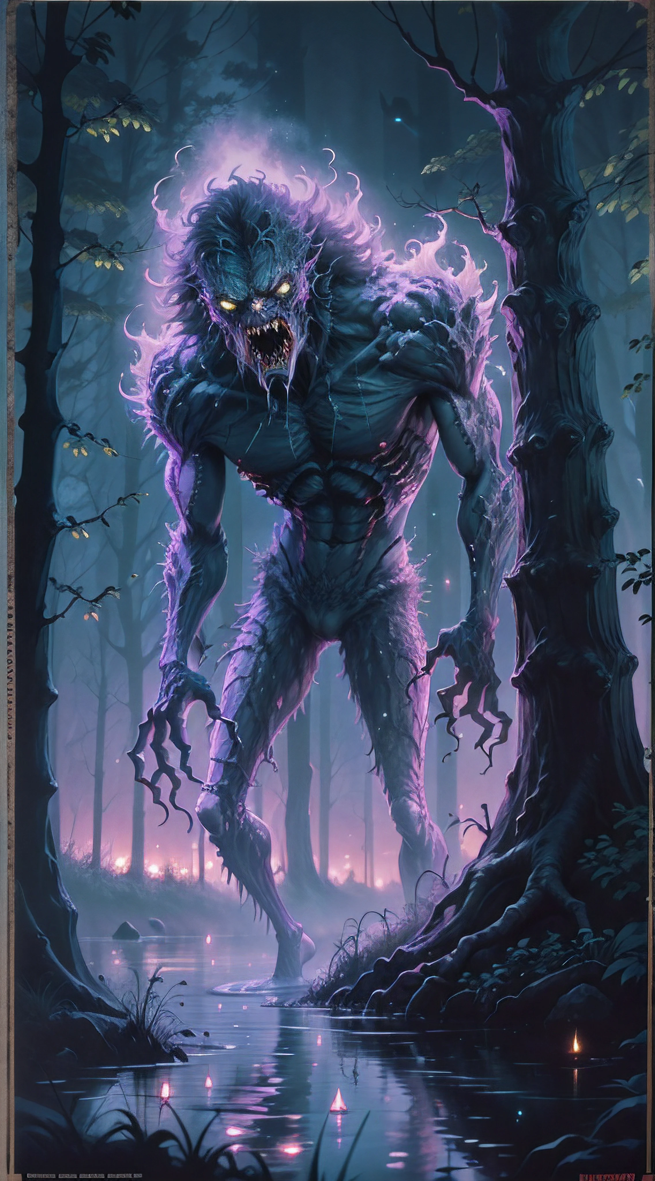 80's horror movie poster featuring a monster in a dynamic pose, focus on joints, edge of forest with lake visable, scary, moonlight, reflections, twinkling fireflies, secret whispers, purple and green colors, fog, cinematic atmosphere