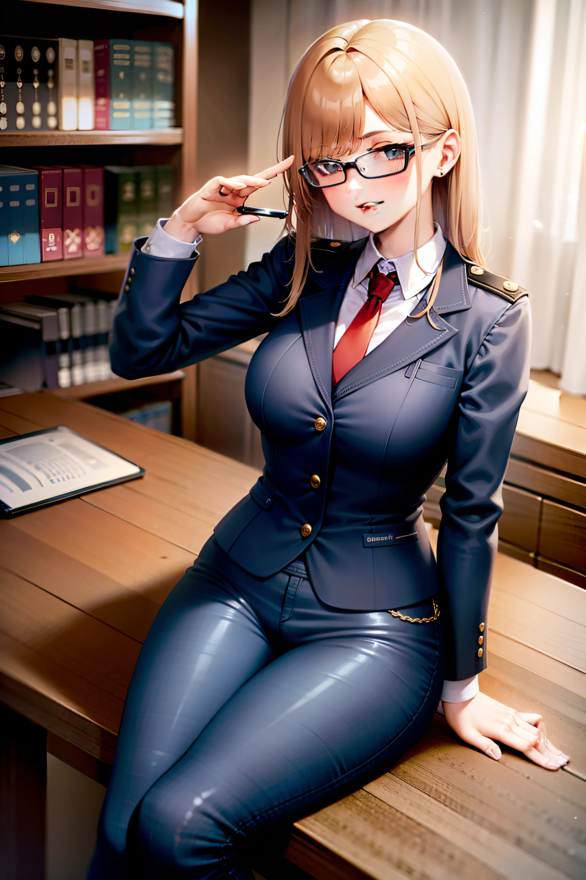 Jean Gunnhildr, office, uniform, secretary, wearing glasses