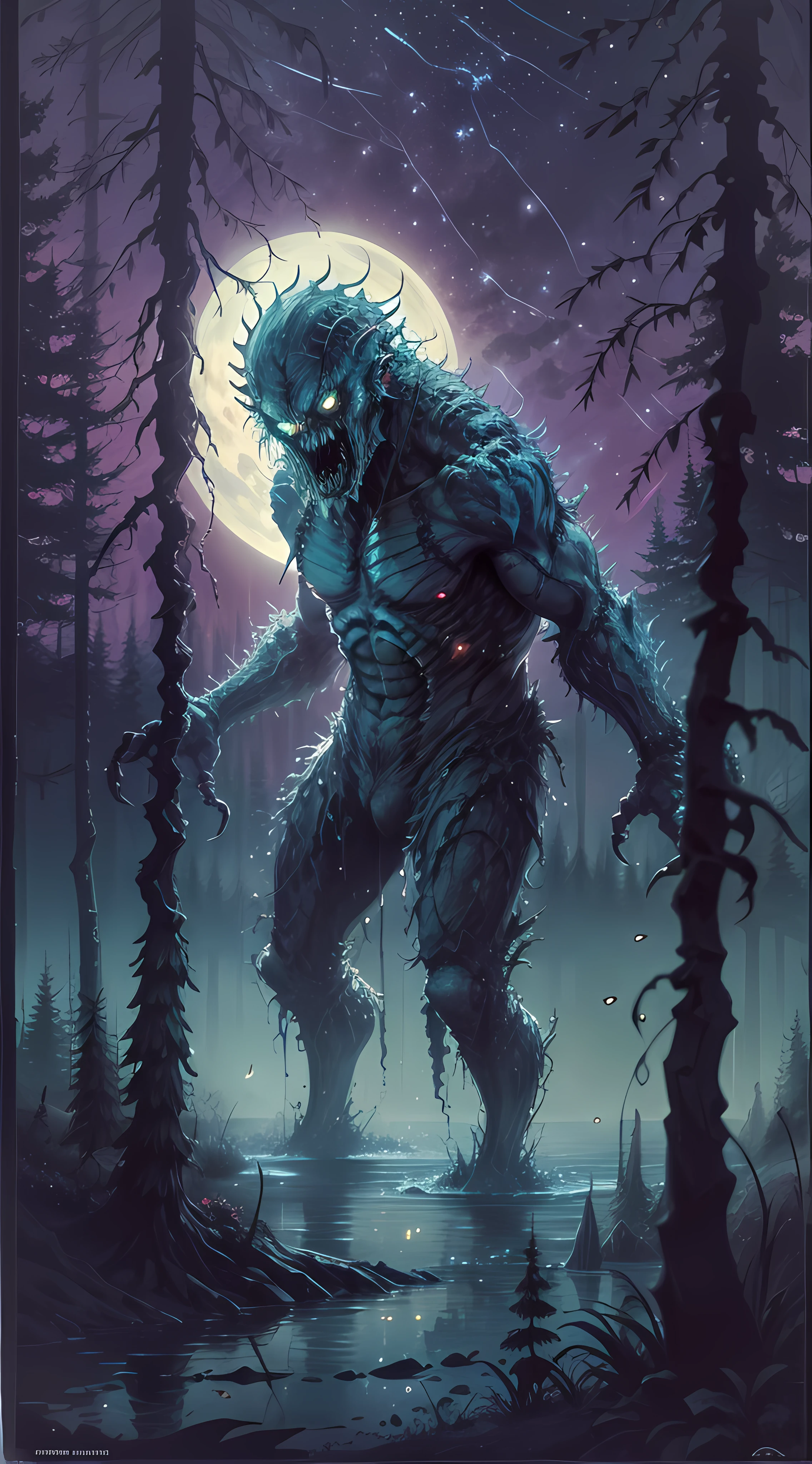 80's horror movie poster featuring a monster in a dynamic pose, focus on joints, edge of forest with lake visable, scary, moonlight, reflections, twinkling fireflies, secret whispers, purple and green colors, fog, cinematic atmosphere