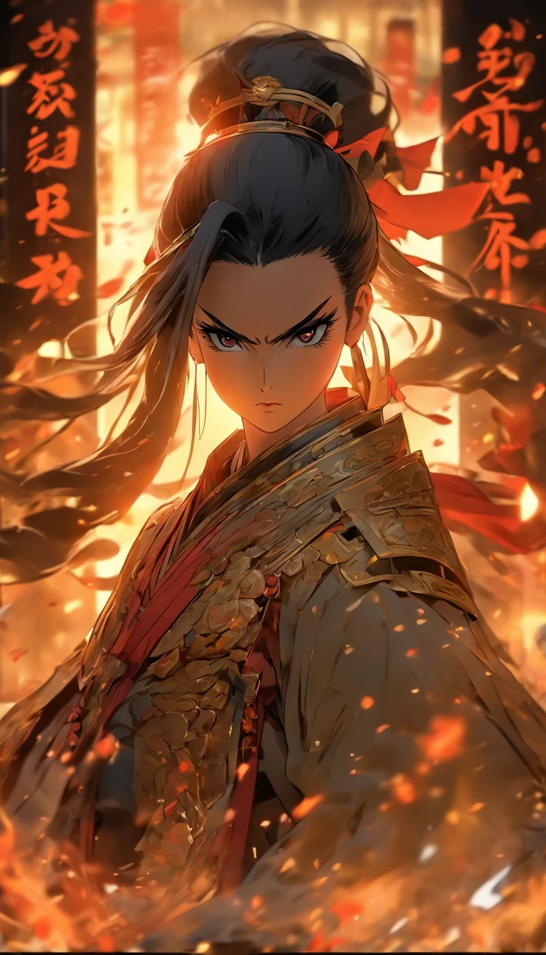 中景 the scene is，Chinese ink style，Smudge，Female general，Dark，Flowing and chic，Ancient armor，Combat boots，（Full body like：1.5），Chang'an Avenue，ventania，8K，（（super-fine）），Hyper-realistic，（（（OC renderer）））