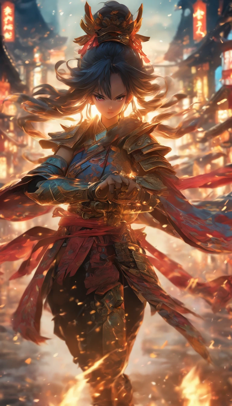 中景 the scene is，Chinese ink style，Smudge，Female general，Dark，Flowing and chic，Ancient armor，Combat boots，（Full body like：1.5），Chang'an Avenue，ventania，8K，（（super-fine）），Hyper-realistic，（（（OC renderer）））