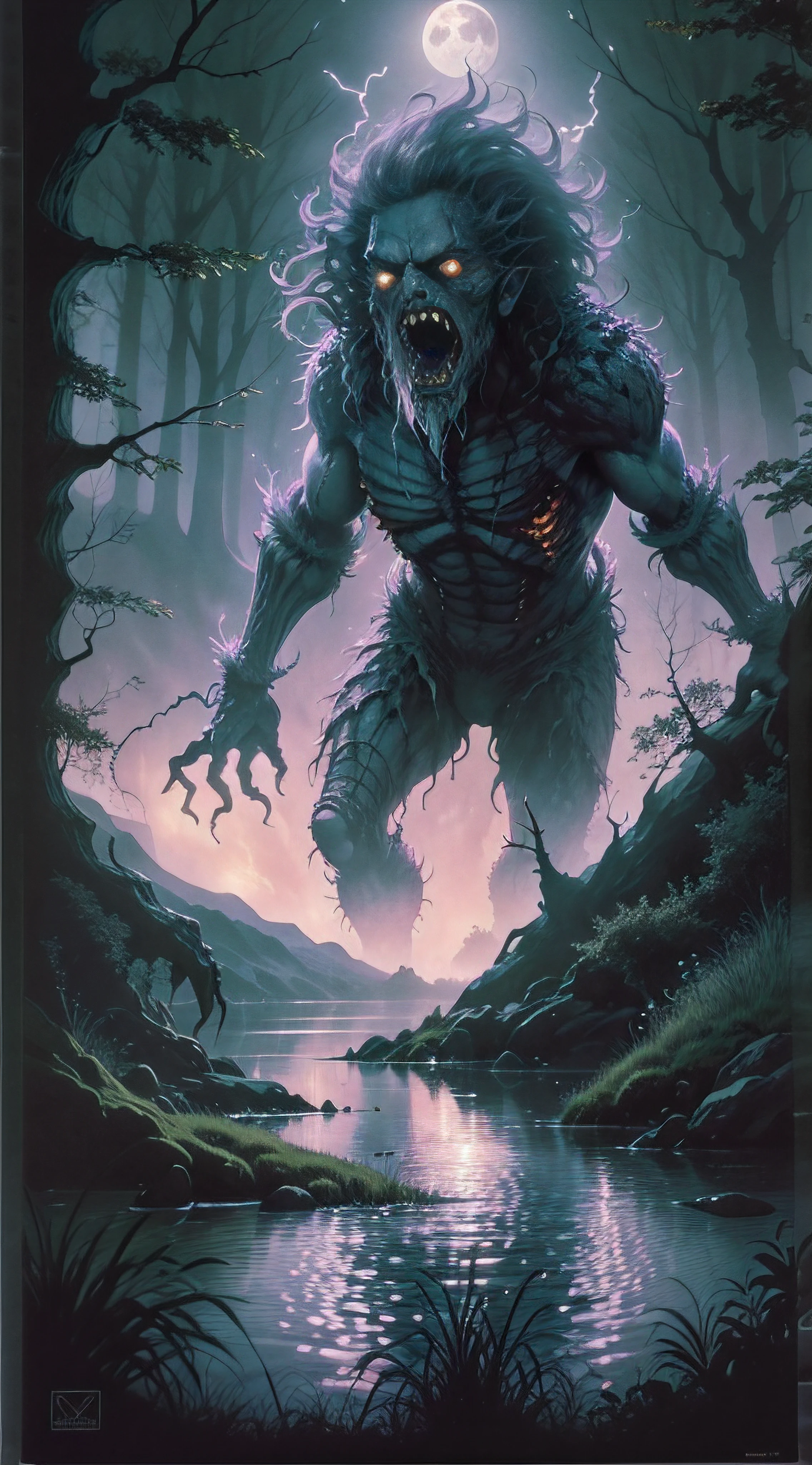 80's horror movie poster featuring a monster in a dynamic pose, focus on joints, edge of forest with lake visable, scary, moonlight, reflections, twinkling fireflies, secret whispers, purple and green colors, fog, cinematic atmosphere