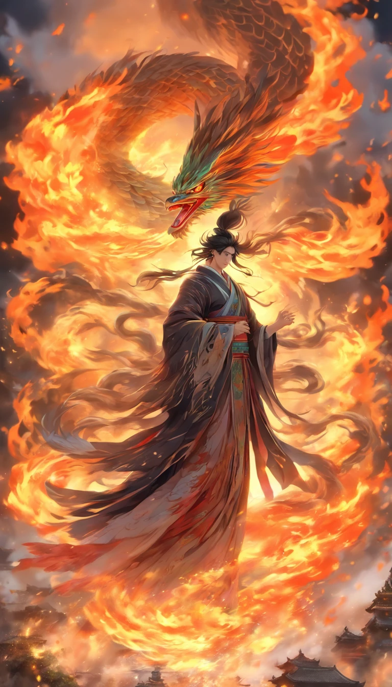 China-style,中景 the scene is,The Taoist priest stood in front of the huge fire-winged phoenix,Stretch your hands,Long messy hair,Glow effects,Hyper-realistic,Ultra photo realsisim,Chinese black and white ink style,Silver,Decolorization,Smudge,ink,8K,super-fine,high qulity,OC renderer