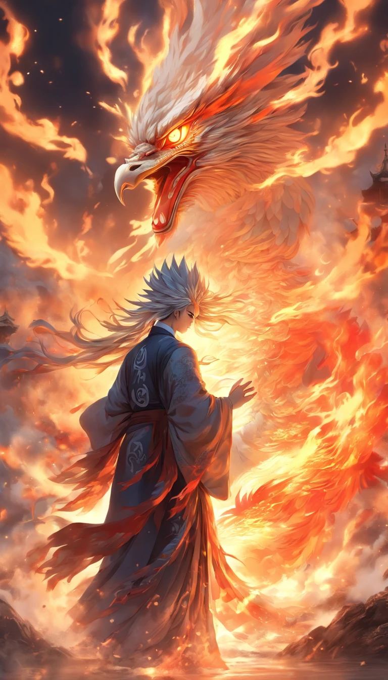 China-style，中景 the scene is，The Taoist priest stood in front of the huge fire-winged phoenix，Stretch your hands，Long messy hair，Glow effects，Hyper-realistic，Ultra photo realsisim，Chinese black and white ink style，Silver，Decolorization，Smudge，ink，8K，super-fine，high qulity，OC renderer