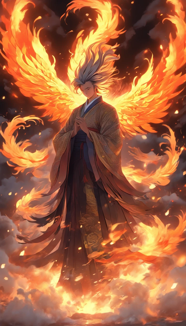 China-style，中景 the scene is，The Taoist priest stood in front of the huge fire-winged phoenix，Stretch your hands，Long messy hair，Glow effects，Hyper-realistic，Ultra photo realsisim，Chinese black and white ink style，Silver，Decolorization，Smudge，ink，8K，super-fine，high qulity，OC renderer