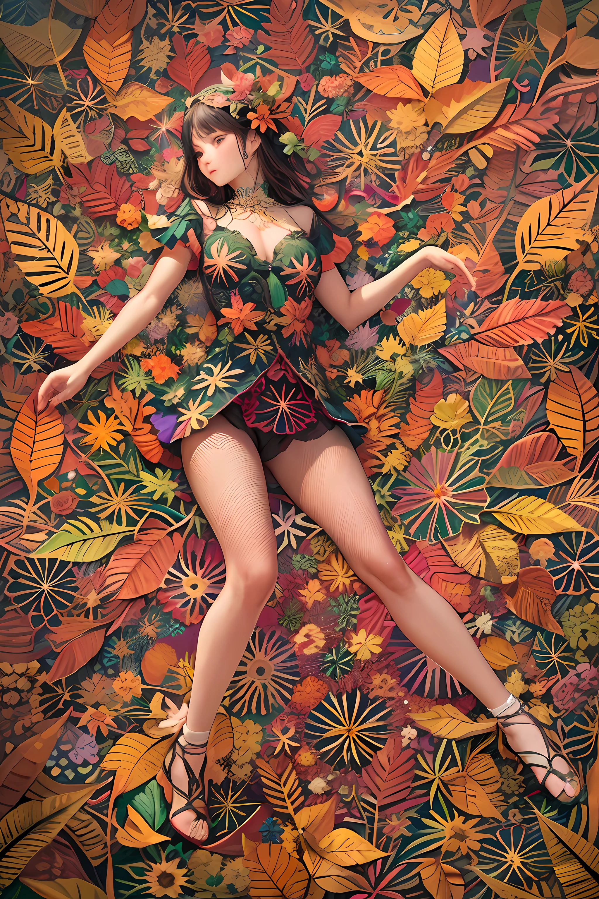 Produce an image that seamlessly blends the girl's vibrant personality with the natural beauty of leaves and the complexity of fractal art. As she dances through a kaleidoscope of colors and patterns, the leaves respond, mirroring her movements with mesmerizing fractal designs, resulting in a surreal and enchanting spectacle