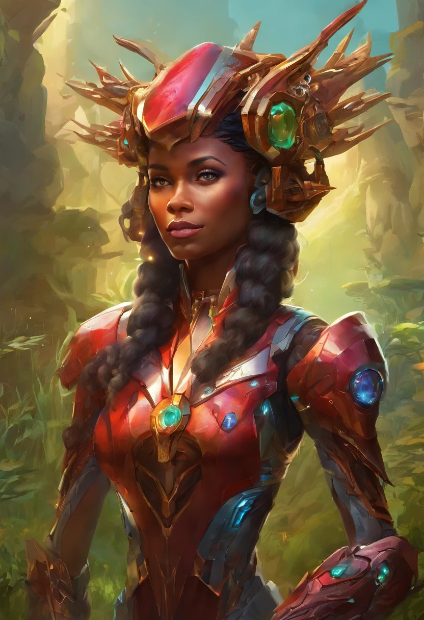 Uma mulher, wearing red mecha costume with green bands and mechanical parts, luzes brilhantes, traje apertada e justa no corpo, cabelo azul com rabo de cavalo, franja na frente dos olhos, olhando fixamente para o espectador, (((pose, interagindo e se apoiando em um objeto))), in an alien dungeon, maquinas, rusty robot, aliens with futuristic weapons, janelas, (it's daytime), ((full body):1.5). 16k, UHD, better quality, better resolution, better detail, estilo futurista of Juavatar, 8k uhd, soft lighting, high quality, film grain, perfect lighting, sunbeams, masterpiece, robotic body parts, detailed face, slightly flattened nose, professional photography, portrait of Juavatar, bathing in a river, curly hair, reeds, (backlit background), realistic, masterpiece, high quality, lens flare, shadow, robot,flower, [[chromatic aberration]], by Jeremy Lipking, by Antonio J. Manzanedo, digital painting ( halo:.7), sexy Juavatar, earrings, jewelry, forehead jewelry, diadem, forehead gem, choker, bracelets, hair ornaments, bracelets, plunging neckline, sfw, dark skin tone, (dark skin tone woman).robot