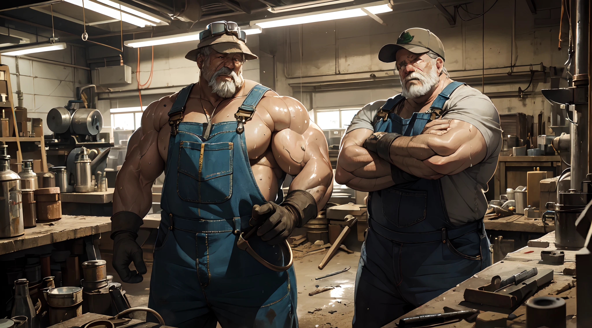 muscular old man, mechanical worker, detailed face, strong arms and hands, oil-covered overalls, worn-out tools, greasy machinery, heavy-duty equipment, diligent expression, hard hat, tool belt, imposing stance, industrial setting, dimly lit workshop, sparks flying, intense focus, rough and calloused hands, muscular physique, sweat dripping, dirty and smudged face, aged with wisdom, worn-out boots, confident demeanor, experienced craftsman, powerful presence, worn-out work gloves, dedication to craftsmanship, vintage machinery, oil stains, precision and accuracy, vintage goggles, welding sparks, high-res details, rustic charm, sturdy and robust, atmospheric lighting, bronze tones, masculine energy.