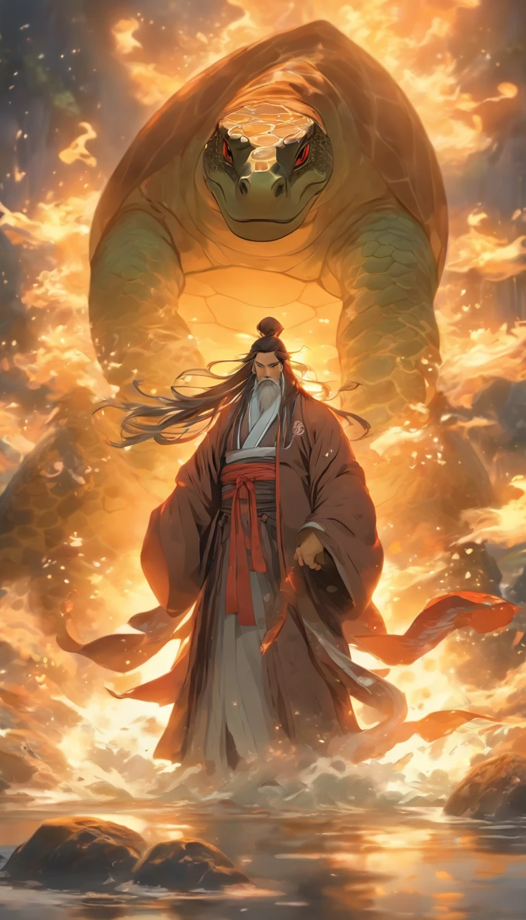 China-style,中景 the scene is,The Taoist priest stood in front of the huge water turtle,Stretch your hands,Long messy hair,Glow effects,Hyper-realistic,Ultra photo realsisim,Chinese black and white ink style,Silver,Decolorization,Smudge,ink,8K,super-fine,high qulity,OC renderer