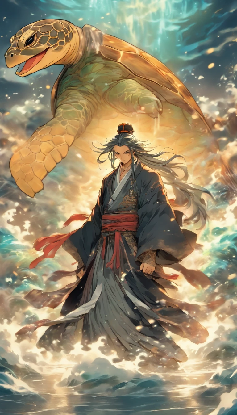 highy detailed, digital art, Tomioka Giyu, standing in a dramatic pose, with his piercing blue eyes (fringed with thick eyelashes) gleaming with determination, his short, spiky black hair styled in a messy, layered fashion, his distinctive gakuran jacket (with intricate embroidery and a high collar) unbuttoned to reveal a crisp white shirt underneath, his dark blue pants adorned with thin white stripes, his haori (a traditional Japanese cloak) draped over his shoulders, featuring an elaborate design of interconnected circles and waves in shades of blue and gold, his black boots polished to a high shine, water splashing everywhere around him in the form of a dragon (with scales shimmering like diamonds) as he stands victorious after defeating a powerful demon, the dragon's tail wrapping around his ankles as it dissolves into mist.

