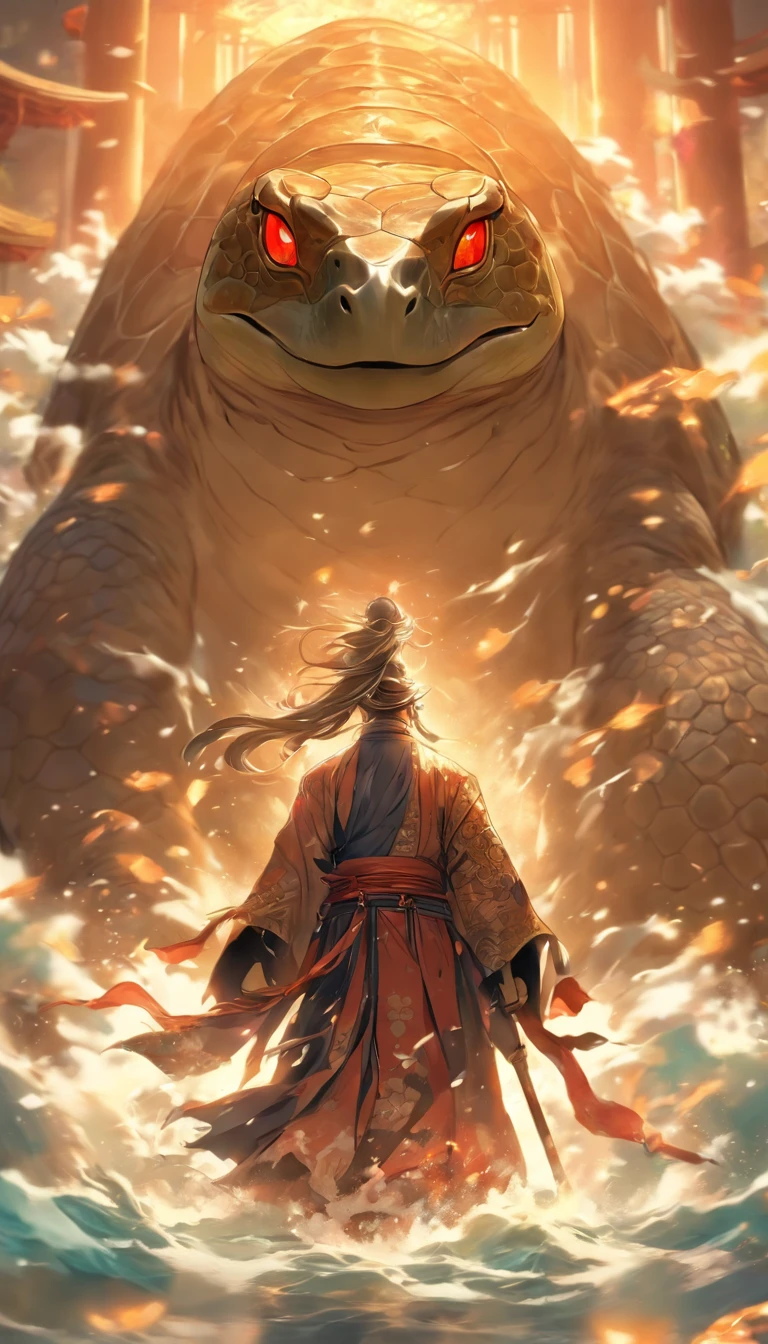 China-style,中景 the scene is,The Taoist priest stood in front of the huge water turtle,Stretch your hands,Long messy hair,Glow effects,Hyper-realistic,Ultra photo realsisim,Chinese black and white ink style,Silver,Decolorization,Smudge,ink,8K,super-fine,high qulity,OC renderer