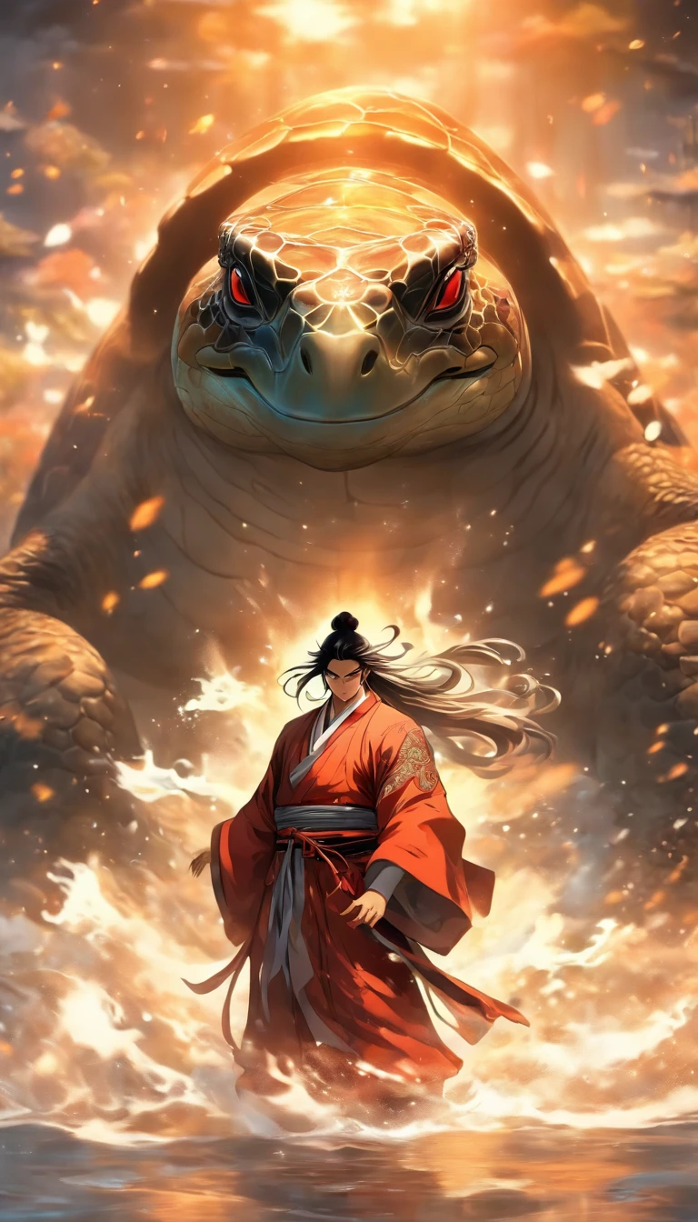 China-style，中景 the scene is，The Taoist priest stood in front of the huge water turtle，Stretch your hands，Long messy hair，Glow effects，Hyper-realistic，Ultra photo realsisim，Chinese black and white ink style，Silver，Decolorization，Smudge，ink，8K，super-fine，high qulity，OC renderer