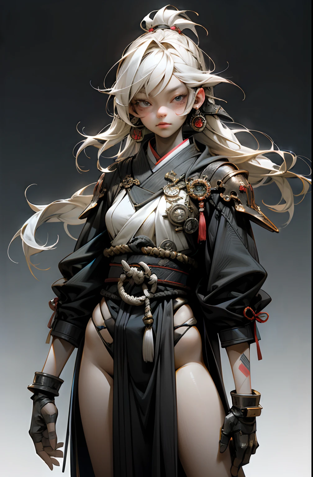 (((woman))), (((best qualityer))), (((tmasterpiece))), (((AS-Adult))), ((( Japanese ))), Look up from your knees, A beautiful asian samurai woman with perfect body, Modern samurai, ((( Asian))), Wear gloves on your hands,The left arm is made of steel and metal tips,Made of protective devices, The eyes are pulled, (( Appears below the breast )), (( Small dental floss )), Simon Bisley, Almost naked(Simon Bisley)Castle City Wilderness,For high-resolution posters, hair straight, Minimum clothing, armure (Crazy clothes ), Full of tips and rivets, tribal tattoos, (((full bodyesbian))), Straight brunette hair,Colored hair ends
