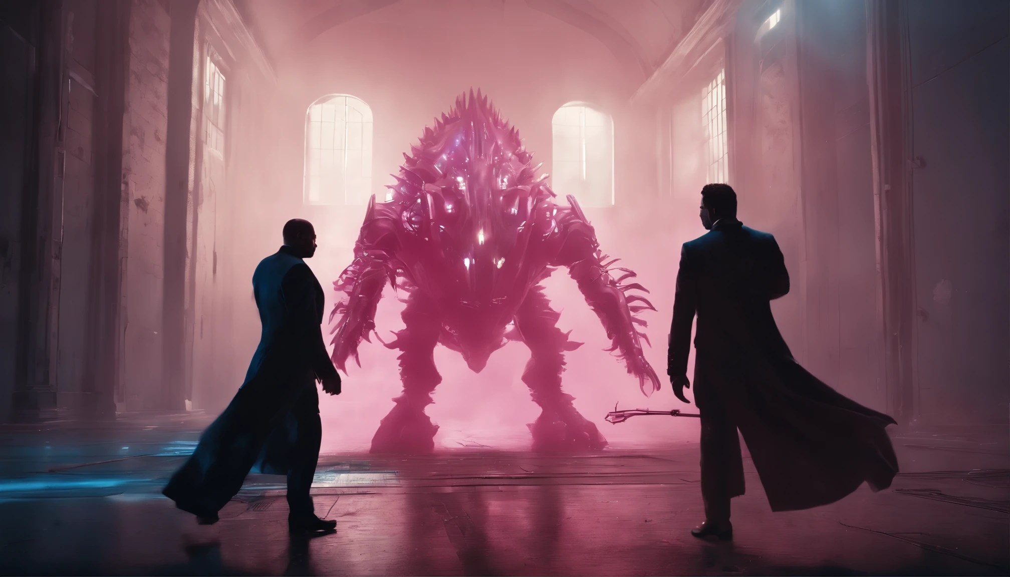 Fifteen men clad in a formal suit wields a weapon,Battle a (bio-mechanical monster:1.8),abandoned hospital corridor,illuminated by light rays filtering through the glass,in a contrasting pink and blue color scheme,painting style:Surrealism,artist: Alena Aenami