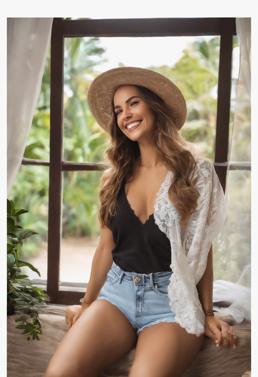 Mulher loira de camisa preta e meias tirando selfie no espelho, sorriso atrevido, 2 Modelo feminina de 4 anos, sorriso provocante, leve sorriso bonito, joelhos enfiados, Pose satisfeita, de joelhos, posando em um quarto, she is wearing a black tank top, muito animado, sentado na cama, lovely smile, she is smiling and excited, sentado em uma cama