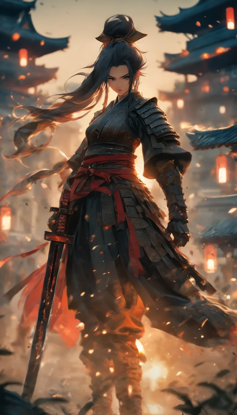 中景 the scene is,Chinese ink style,Smudge,Female general,Oversized combat knife,Dark,Flowing and chic,Ancient armor,Combat boots,(Full body like:1.5),Chang'an Avenue,ventania,8K,((super-fine)),Hyper-realistic,(((OC renderer)))