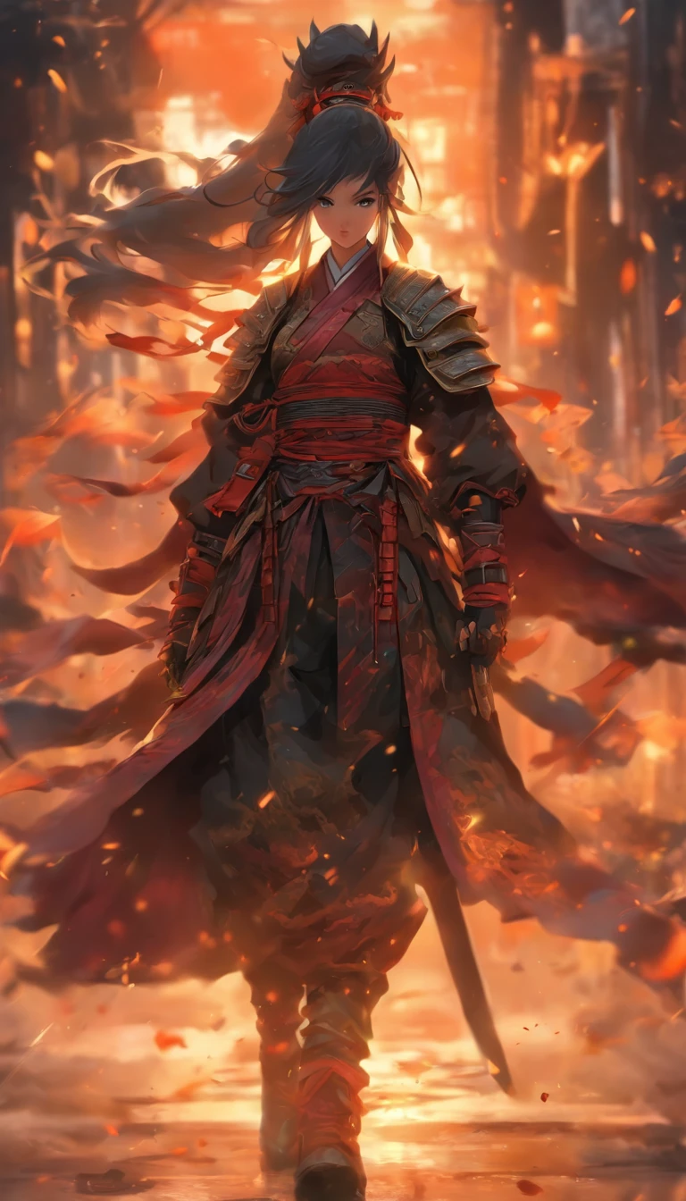中景 the scene is，Chinese ink style，Smudge，Female general，Oversized combat knife，Dark，Flowing and chic，Ancient armor，Combat boots，（Full body like：1.5），Chang'an Avenue，ventania，8K，（（super-fine）），Hyper-realistic，（（（OC renderer）））
