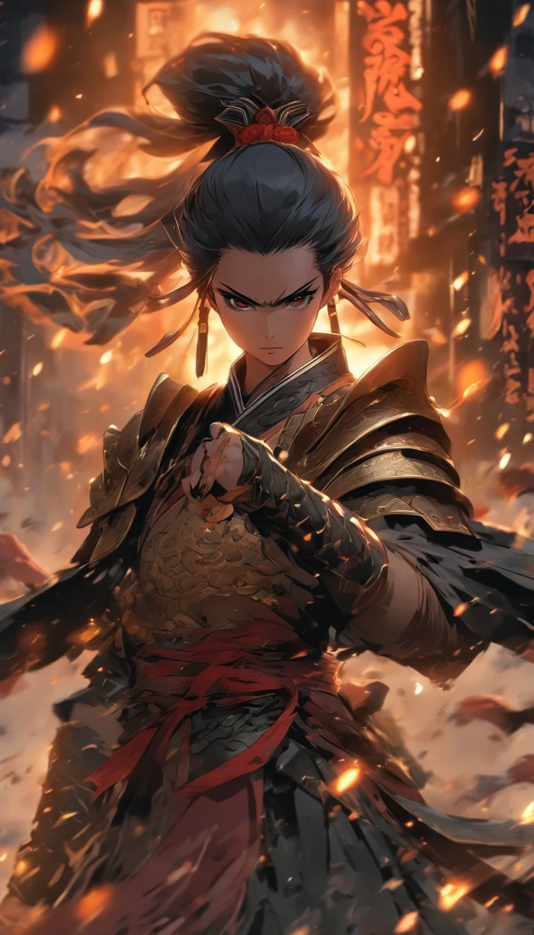 中景 the scene is,Chinese ink style,Smudge,Female general,Oversized combat knife,Dark,Flowing and chic,Ancient armor,Combat boots,(Full body like:1.5),Chang'an Avenue,ventania,8K,((super-fine)),Hyper-realistic,(((OC renderer)))