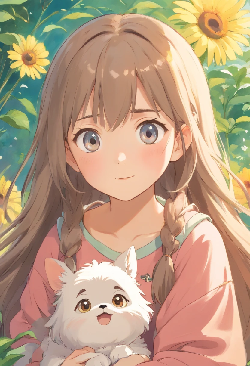a super cute 3-years with large, sparkling eyes and long hair alongside a small, fluffy puppy. Their expressions should be joyful and heartwarming, creating a sense of comfort and joy for anyone who sees it. Please use a soft and pastel color palette to enhance their cuteness and add a touch of innocence to the artwork.