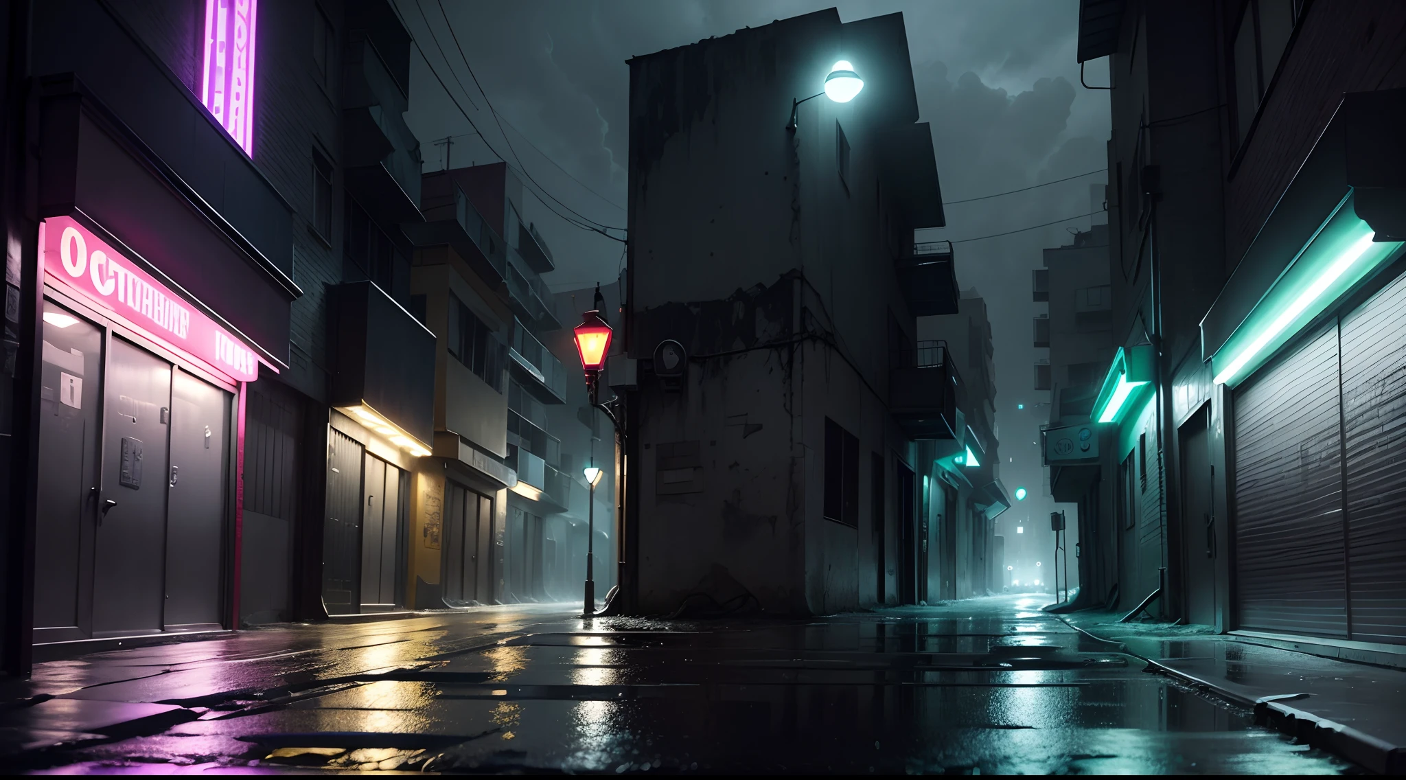Photograph of a street of the futuristic cyberpunk apocalyptic city, con coches y edificios muy altos, Rainy and gloomy atmosphere, Somber/Damp Atmosphere, Calles urbanas lluviosas, Calle lluviosa, Ciudad lluviosa, rainy mood, ambiente lluvioso, Calles lluviosas en el fondo, 32K, Ultra HD, Unreal Engine renderizado, cinematic lighting, Colores brillantes y vibrantes con luz iridiscente, Imagen fotorrealista, dark alleyway, paredes de ladrillos, humedad, niebla abundante. edificios altos, Cold and lonely night, oscura, muy oscua, ciudad del futuro cyberpunk, Alley with abandonment, niebla