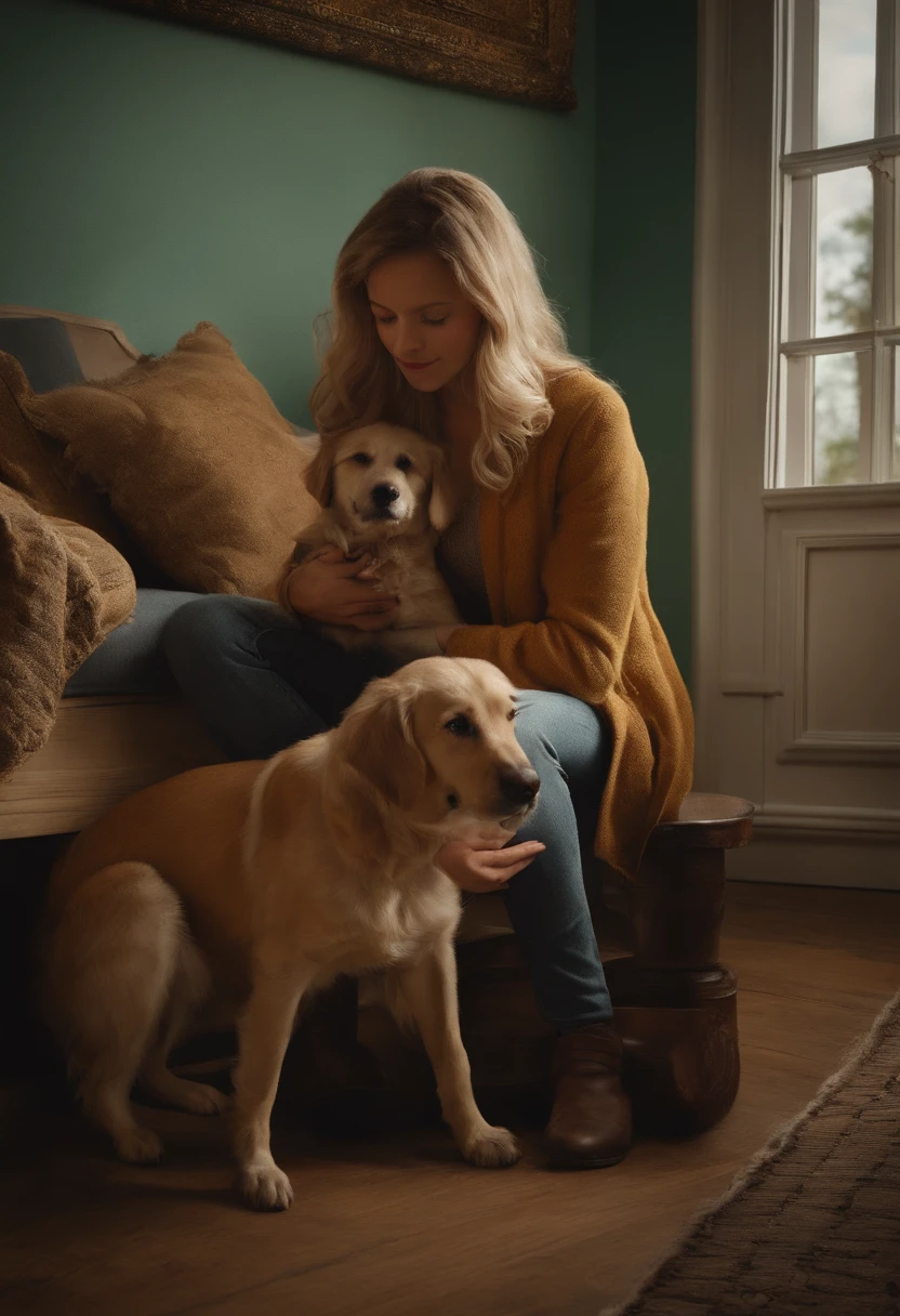 "Create a scene that represents the moment when Catherine, a blonde girl and still , has the brilliant idea of communicating with the dog for help. Illustrious Catherine wiggling her tail to get the dog's attention and showing him the fire. Capture the dog's immediate understanding and his run toward the door, latindo em busca de ajuda. Highlight the collaboration between Catarina and the dog to face the emergency situation."