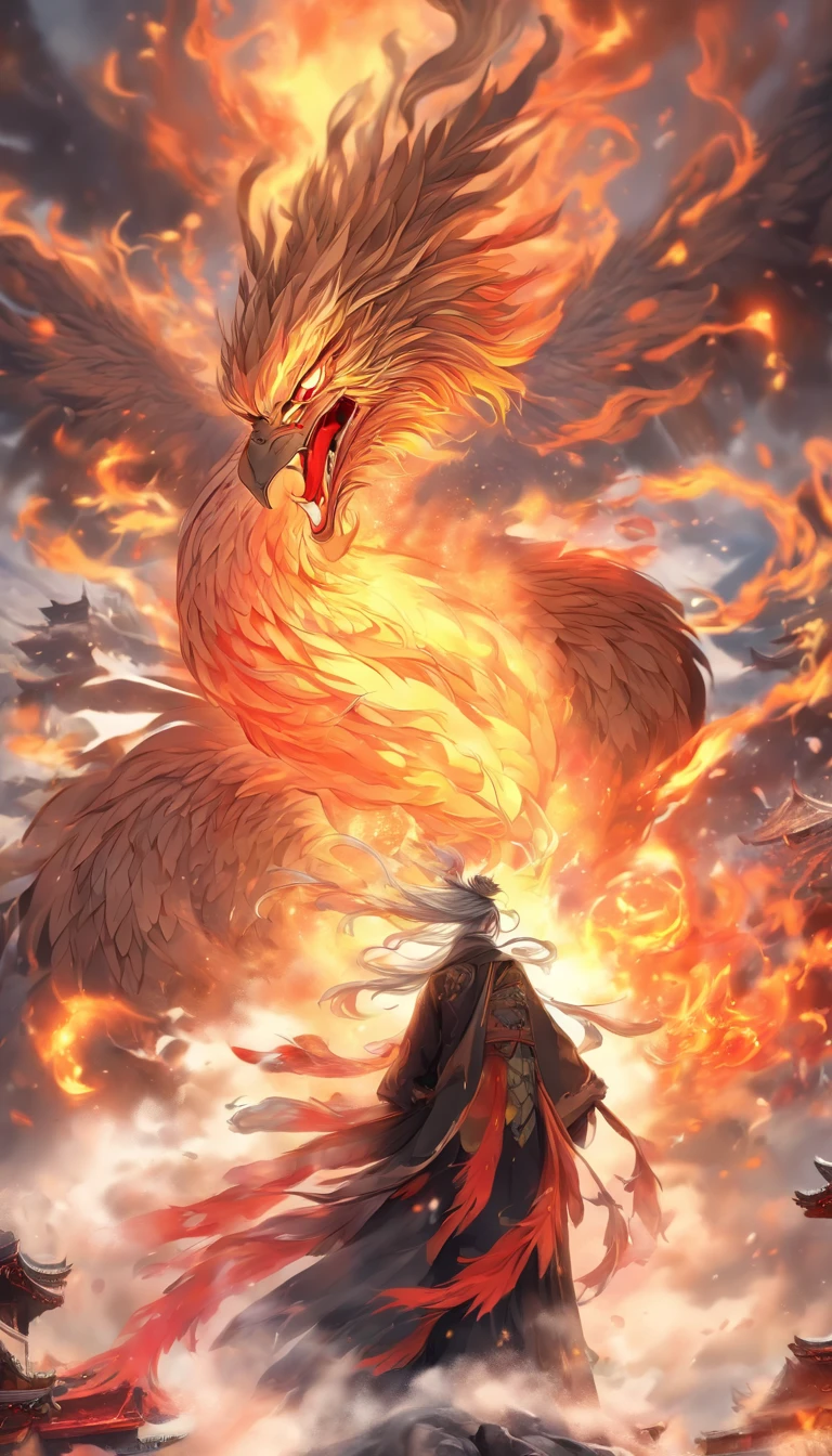 China-style，中景 the scene is，The Taoist priest stood in front of the huge fire-winged phoenix，Stretch your hands，Long messy hair，Glow effects，Hyper-realistic，Ultra photo realsisim，Chinese black and white ink style，Silver，Decolorization，Smudge，ink，8K，super-fine，high qulity，OC renderer