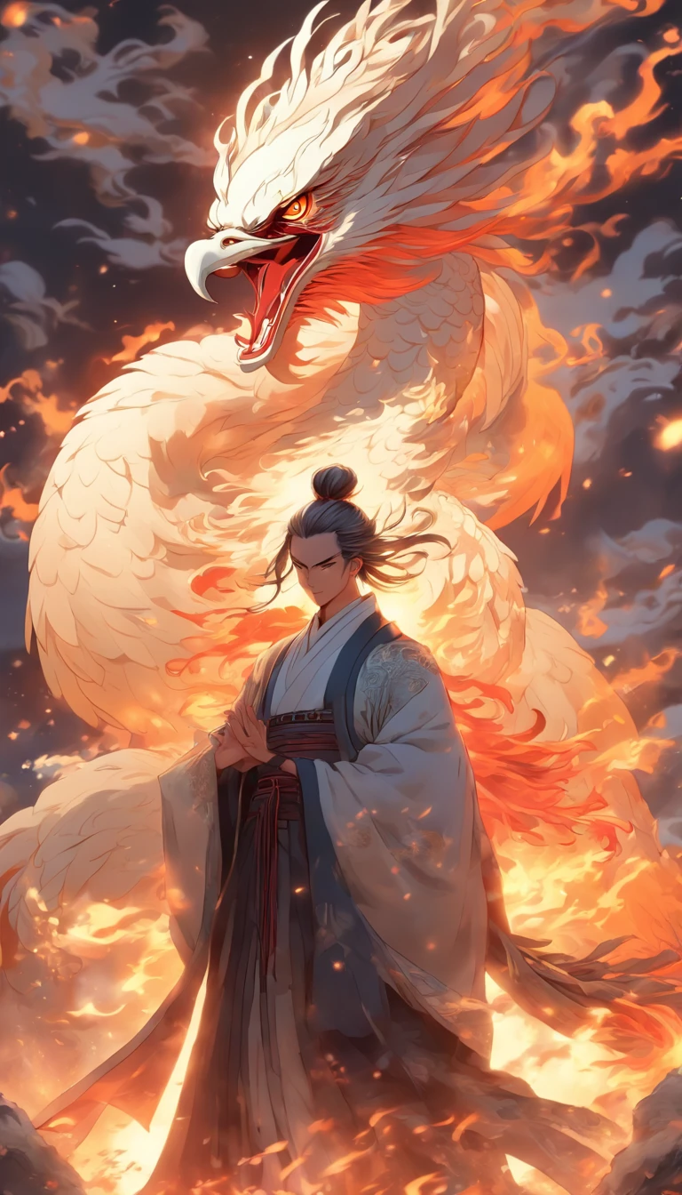 China-style，中景 the scene is，The Taoist priest stood in front of the huge fire-winged phoenix，Stretch your hands，Long messy hair，Glow effects，Hyper-realistic，Ultra photo realsisim，Chinese black and white ink style，Silver，Decolorization，Smudge，ink，8K，super-fine，high qulity，OC renderer
