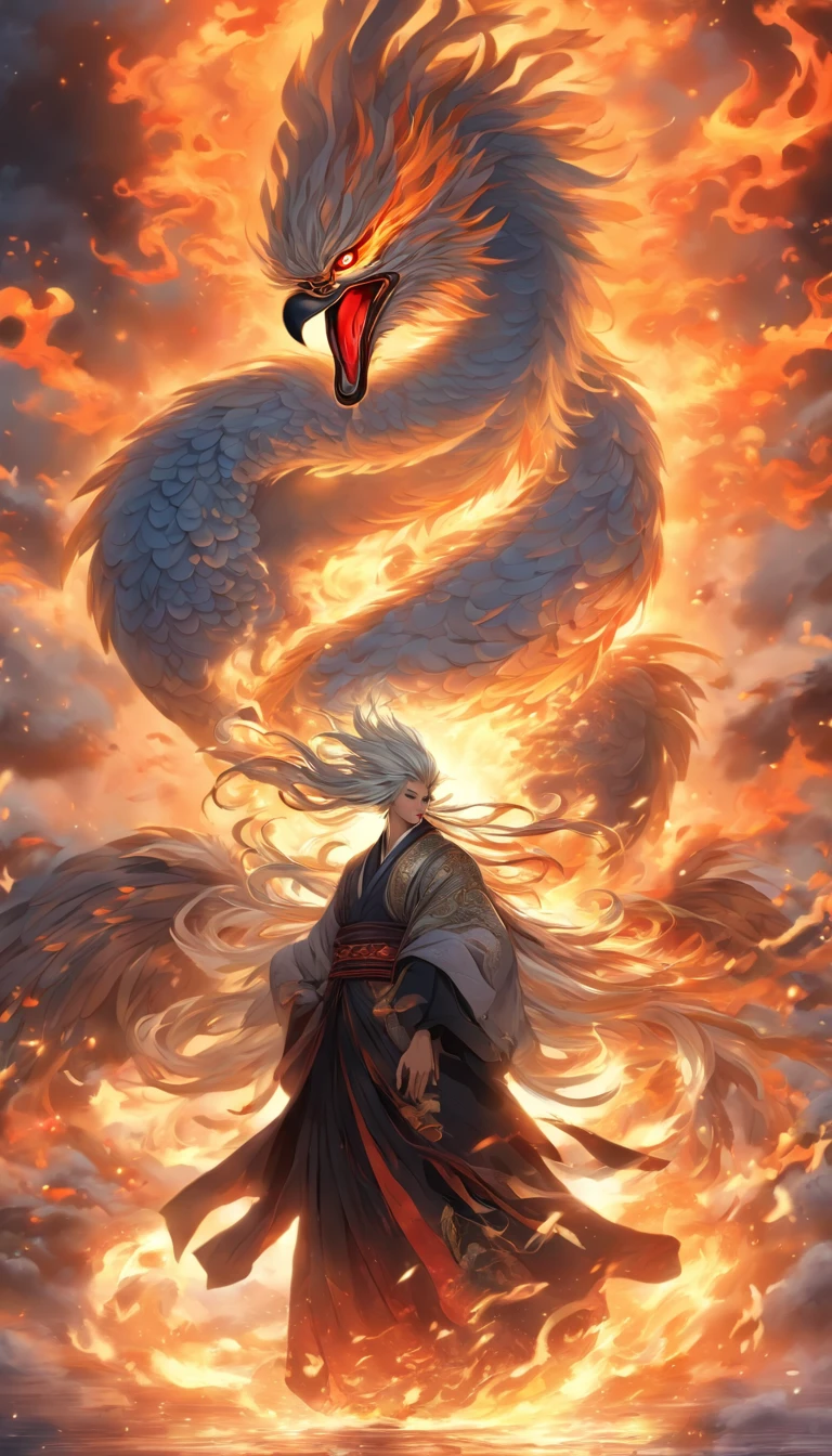 China-style,中景 the scene is,The Taoist priest stood in front of the huge fire-winged phoenix,Stretch your hands,Long messy hair,Glow effects,Hyper-realistic,Ultra photo realsisim,Chinese black and white ink style,Silver,Decolorization,Smudge,ink,8K,super-fine,high qulity,OC renderer