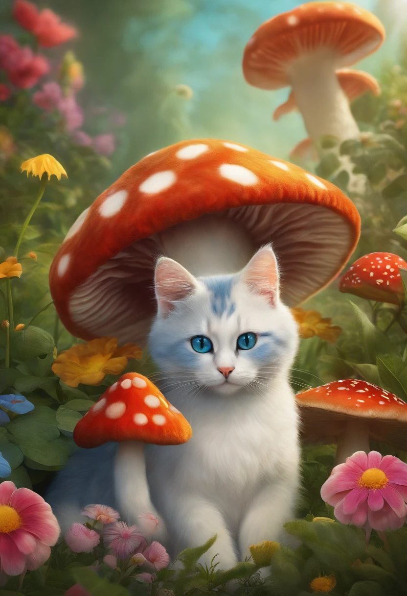 A smurf cat lounging on a mushroom in a whimsical garden, surrounded by vibrant flowers and lush greenery. The cat has bright blue fur, large emerald eyes, and a mischievous smile. The mushroom is enormous, with spotted red and white caps that provide a cozy resting spot for the cat. Sunlight filters through the trees, casting a warm glow on the scene. The garden is filled with colorful flowers, including daisies, tulips, and roses, creating a vibrant and joyful atmosphere. The cat's fur is fluffy and soft, with intricate patterns and details, while the mushroom has a textured surface with intricate gills and a sturdy stem. The overall image quality is of the best quality, with high resolution and ultra-detailed features, showcasing every strand of fur, petal, and mushroom texture. The colors are vivid and vibrant, with a touch of whimsy, contributing to a fantastical and dreamlike atmosphere. The lighting is soft and warm, enhanced by the presence of dappled sunlight. The medium is a mix of digital illustration and traditional painting techniques, resulting in a unique and visually stunning artwork.
