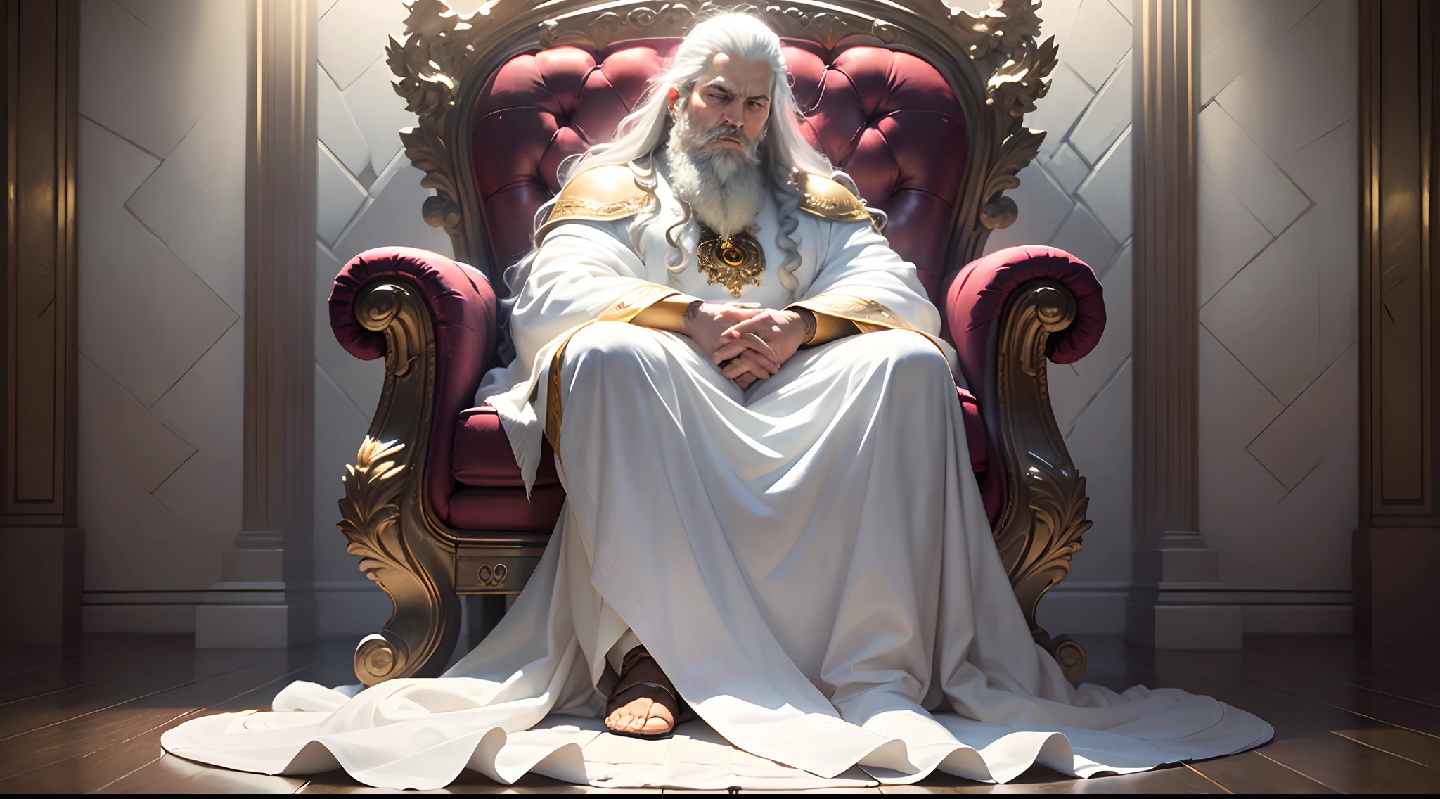 (masterpiece, best quality, ultra-realistic), God's throne room, high resolution, divine man, majestic, strong, imposing, white hair and beard, white clothes warmth, dazzling light, serene aura, magnificent aura, god (embodiment of power:1.2), glorious, surreal, powerful, (emitting light:1.3), (gleaming:1.2)