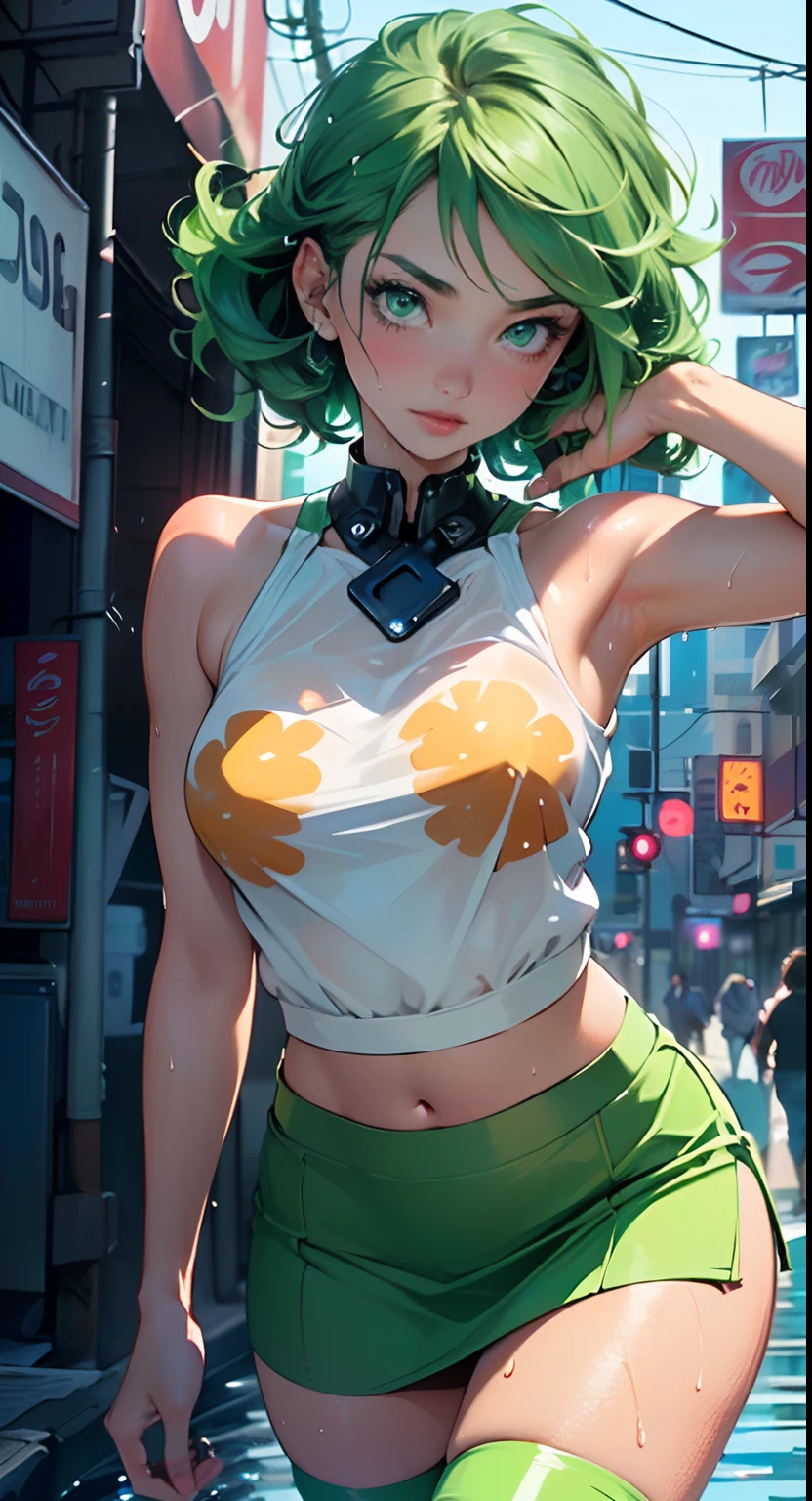 girl youtuber,(((1girl))),((extremely cute and beautiful green curly-haired girl)),

(short breasts:1.4),(((green curly hair:1.35,very curly hair,colored inner hair,ear breathing,short hair))),(((green eyes:1.3))),intricate eyes,beautiful detailed eyes,symmetrical eyes,big eyes:1.3((fat)),(((lustrous skin:1.5,bright skin: 1.5,skin tanned,shiny skin,very shiny skin,shiny body,plastic glitter skin,exaggerated shiny skin,illuminated skin,wet legs))),delicate detailed fingers,detailed body,human hands,(detailed face),

cute,slutty,seductive,erotic,(((nsfw))),

zettai ryouiki,revealing clothing,show skin,((rave mini-skirt,visible thong straps,white loose tank top with an pop art print)),((wet clothes,intricate outfit,intricate clothes)),

(dynamic pose:1.0),embarrassed,(centered,scale to fit dimensions,Rule of thirds),

cyberpunk city by the ocean at night, with bright neon signs and dark stormy clouds and puddles, scenery:1.25,

highres, sharp focus, (ultra detailed, extremely detailed), (photorealistic artwork:1.37),(extremely detailed CG unity 8k wallpaper),((synthwave background theme)),(((vibrant colors))),(intricate background),(masterpiece),(best quality),