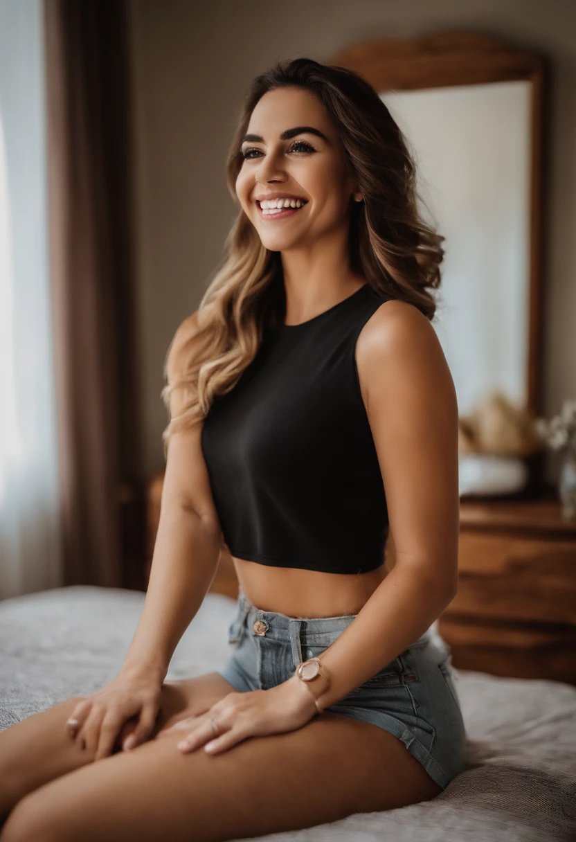Mulher loira tirando selfie no espelho, sorriso atrevido, 2 Modelo feminina de 4 anos, sorriso provocante, leve sorriso bonito, joelhos enfiados, Pose satisfeita, de joelhos, posando em um quarto, she is wearing a black tank top, muito animado, sentado na cama, lovely smile, she is smiling and excited, sentado em uma cama