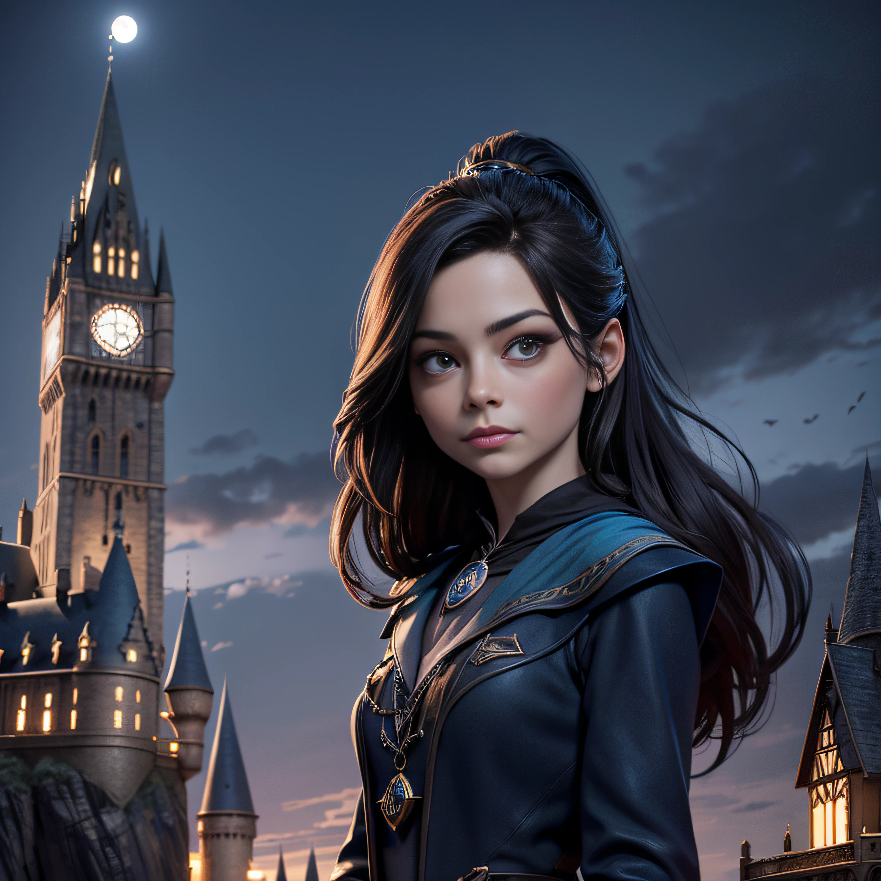 Kristin Kreuk: The Witch of Hogwarts (Ravenclaw) brune, avec le professeur Dumbledore devant le chateau de Hogwarts. beaux yeux verts. Black and blue witch's dress with a Ravenclaw crest. Elle a de longs cheveux bruns. ponytail. Nuit de pleine lune, Hogwarts Castle in the background. Illuminated by moonlight and lamps in the city. Chef d'oeuvre. golden ratio. highly detailed. very wide shot. Very large plan.