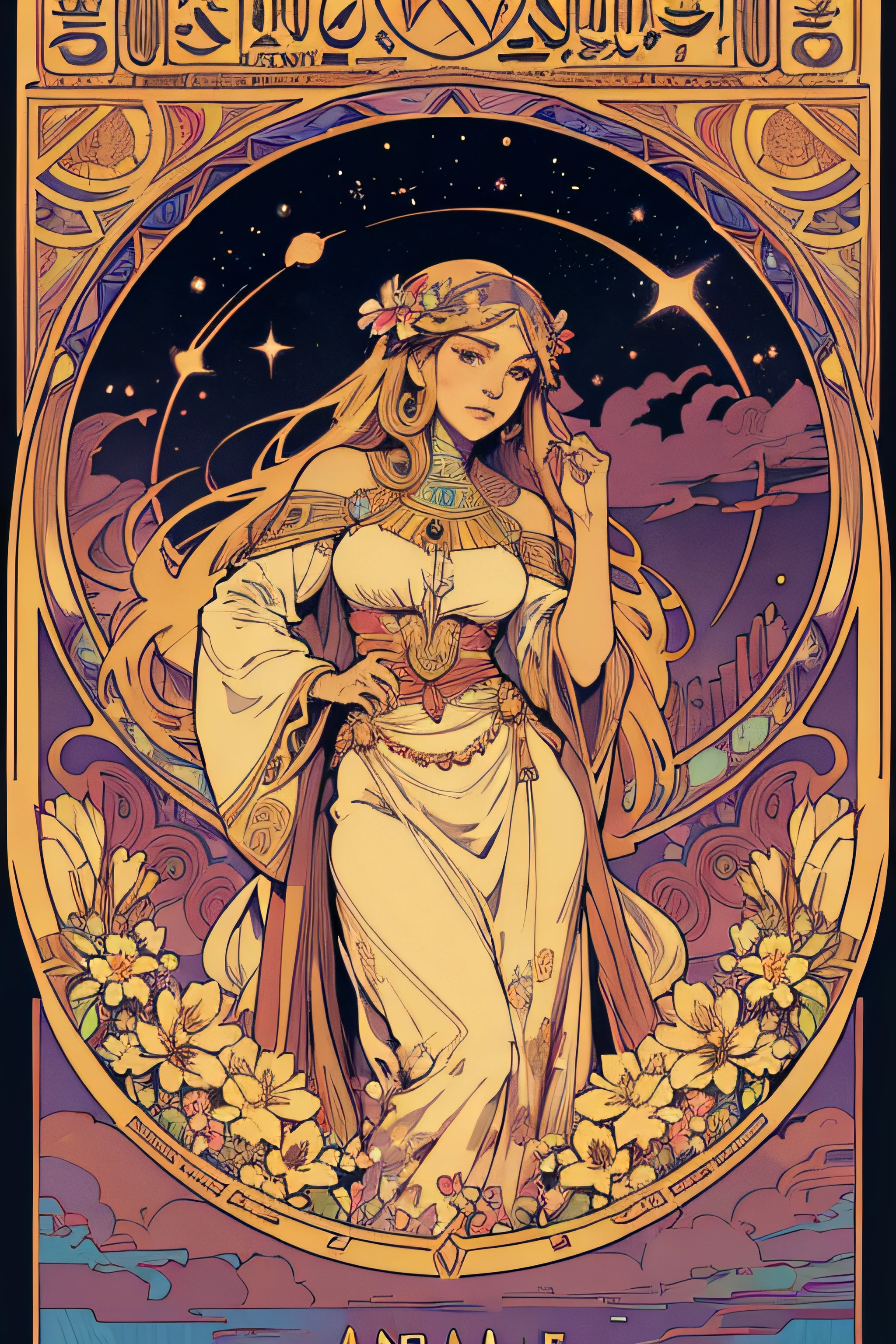 master-piece, Egypt, Floral frame, Many types of flowers, Interstellar background, clouds, decorative panel, Abstract realism, art, Alphonse Mucha (high-res: 1.4), detaild, color splashes, line art,