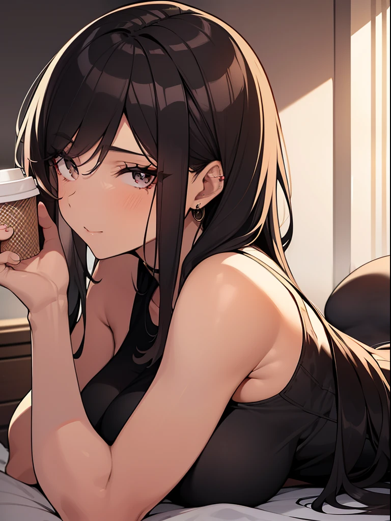 Sultry woman 36 years old, Spaniard, with lush hair, Dark, Tanned (Bronzed Skin); nice ass, Slim, Attractive, Attractive appearance; Always without underwear; big black eyes, long eyelashes, Piercing burning gaze; Cute face; Large elastic natural breasts; Short light terry bathrobe to the bottom of the body the color of creamy ice cream, A cup of coffee, Erotic relaxed pose, mouth open, half closed eyes; Full-length photograph from a short distance; Anatomical realism, high quality textures, higly detailed