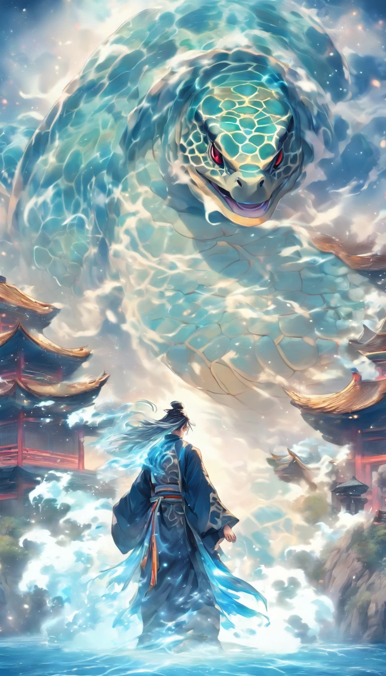 China-style,中景 the scene is,The Taoist priest stood in front of the giant roaring water turtle,blue colors,Stretch your hands,Long messy hair,Glow effects,Hyper-realistic,Ultra photo realsisim,Chinese black and white ink style,Silver,Decolorization,Smudge,ink,8K,super-fine,high qulity,OC renderer